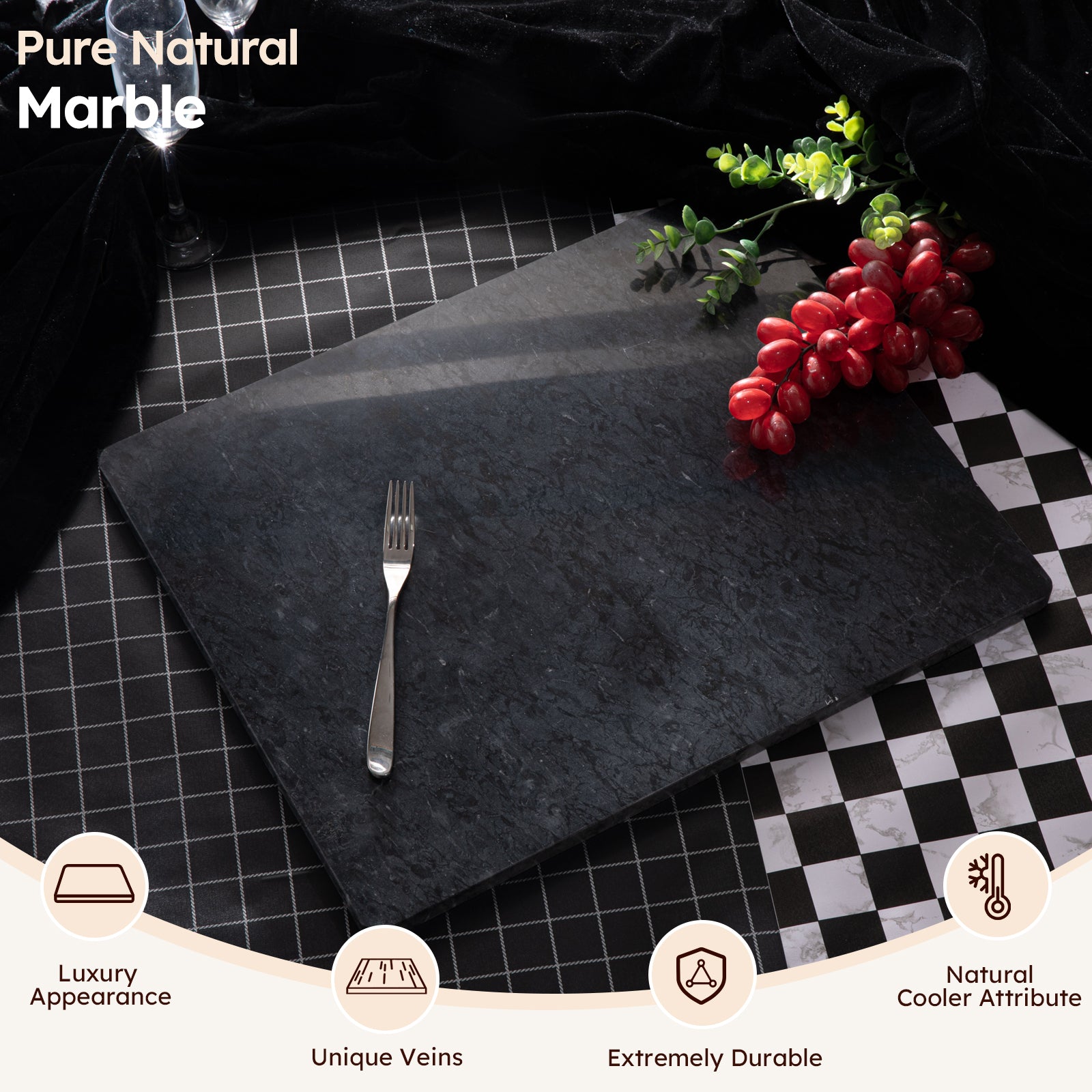Diflart Natural Marble Stone Cutting Board for Kitchen, 16x20 Inch, Black, Marble Slab Pastry Board Large with Non Slip Feets for Keep the Dough Cool and Chocolate Tempering, Pack of 1 Pcs