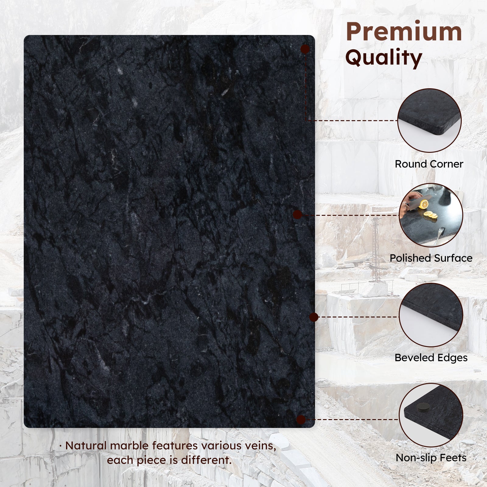 Diflart Natural Marble Stone Cutting Board for Kitchen, 16x20 Inch, Black, Marble Slab Pastry Board Large with Non Slip Feets for Keep the Dough Cool and Chocolate Tempering, Pack of 1 Pcs