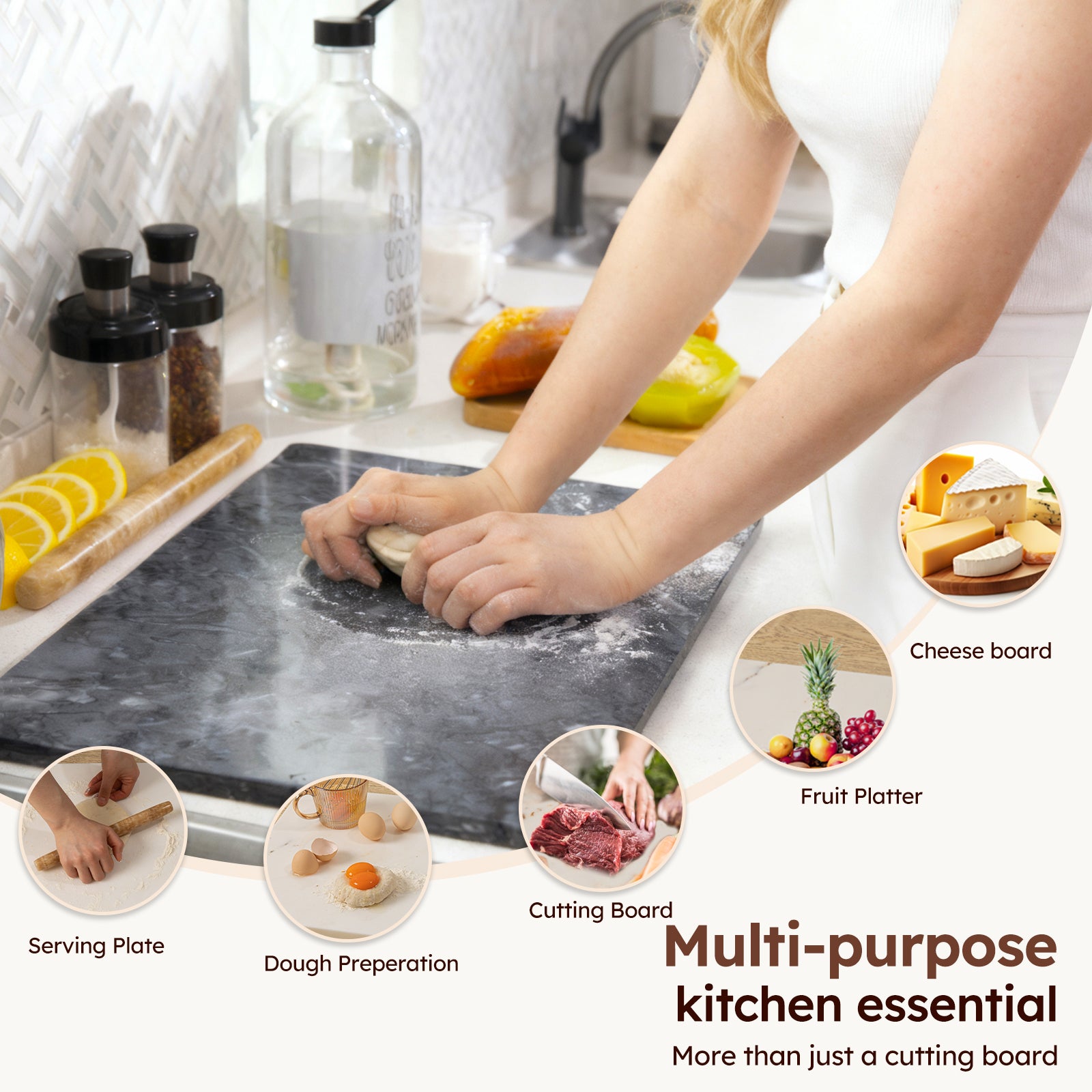 Diflart Natural Marble Stone Cutting Board for Kitchen, 16x20 Inch, Black, Marble Slab Pastry Board Large with Non Slip Feets for Keep the Dough Cool and Chocolate Tempering, Pack of 1 Pcs