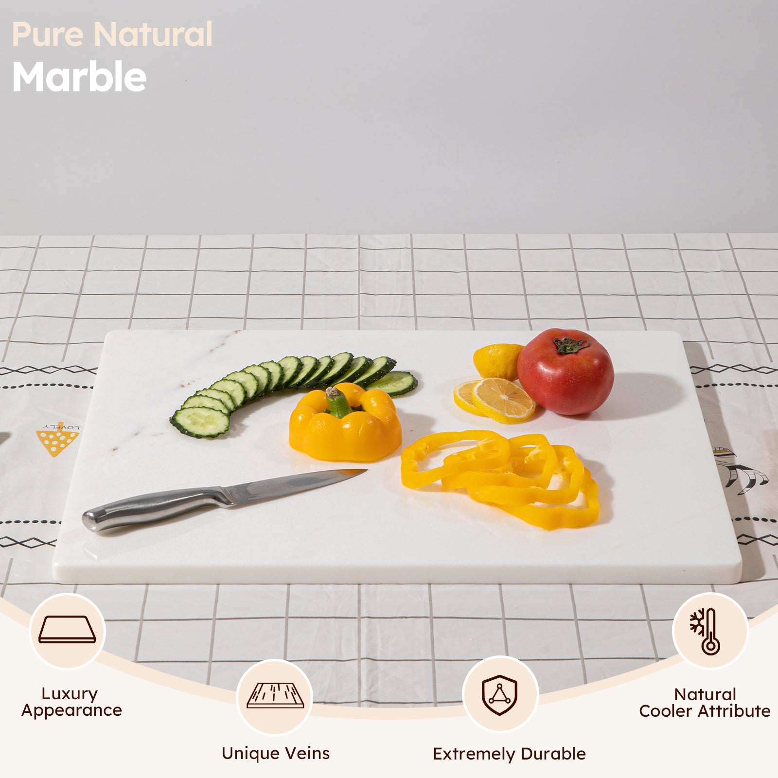 Diflart Natural Marble Stone Cutting Board for Kitchen, 16x16 Inch, White with Gold Veins, Marble Slab Pastry Board with Non-Slip Feet for Cheese, Charcuterie, Dough Chocolate, Pack of 1 Piece