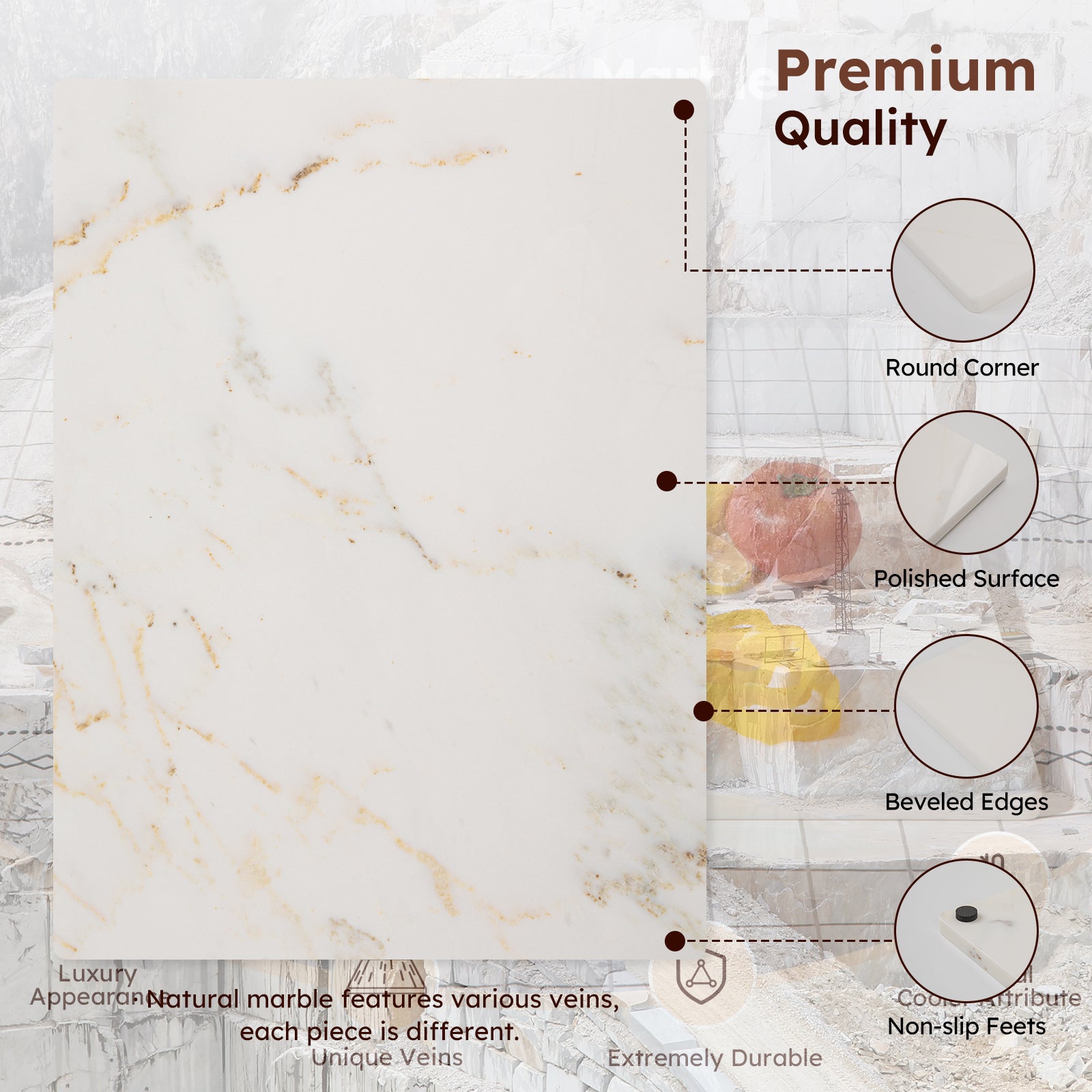 Diflart Natural Marble Stone Cutting Board for Kitchen, 16x20 Inch, White with Gold Veins, Marble Slab Pastry Board Large with Non-Slip Feet for Cheese, Charcuterie, Dough, Chocolate, Pack of 1 Pcs