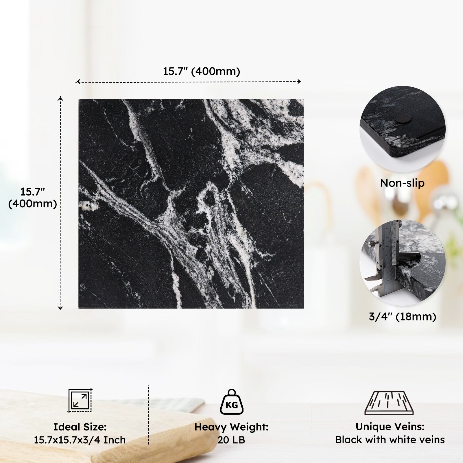 Diflart Natural Marble Stone Cutting Board for Kitchen, 16x16 Inch, Black, Marble Slab Pastry Board Large with Non-Slip Feet for Cheese, Charcuterie, Dough Chocolate, Pack of 1 Piece