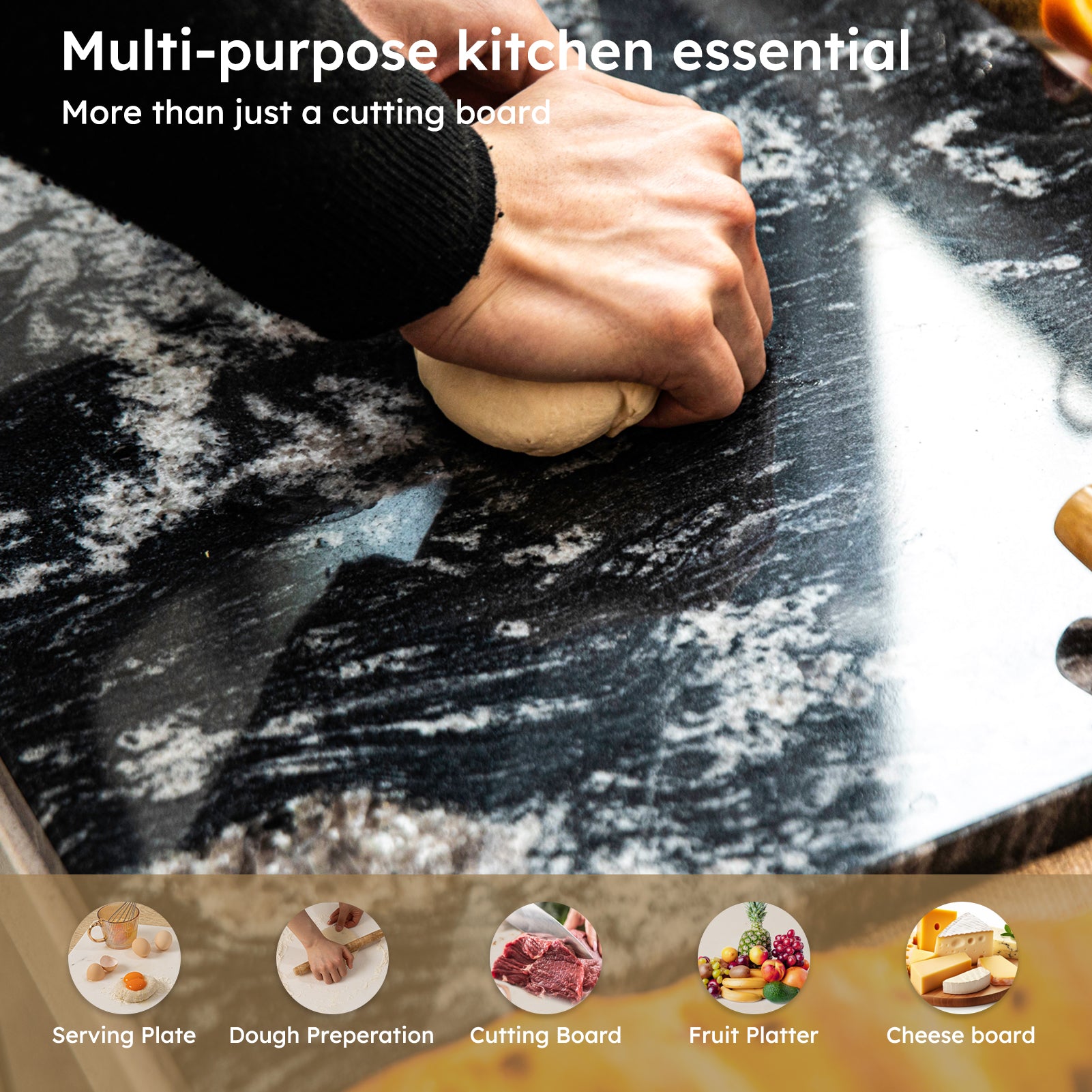 Diflart Natural Marble Stone Cutting Board for Kitchen, 16x16 Inch, Black, Marble Slab Pastry Board Large with Non-Slip Feet for Cheese, Charcuterie, Dough Chocolate, Pack of 1 Piece