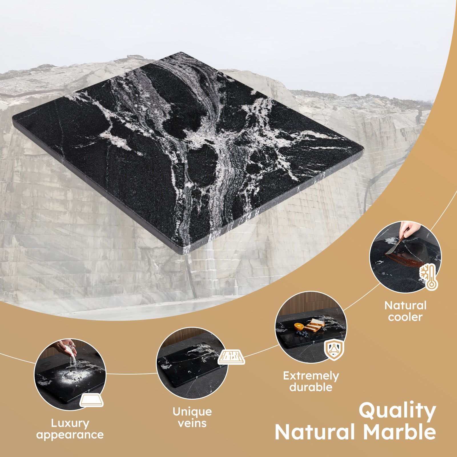 Diflart Natural Marble Stone Cutting Board for Kitchen, 16x16 Inch, Black, Marble Slab Pastry Board Large with Non-Slip Feet for Cheese, Charcuterie, Dough Chocolate, Pack of 1 Piece