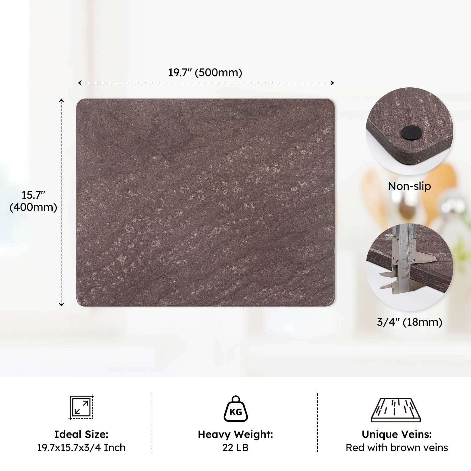 Diflart Natural Marble Stone Cutting Board for Kitchen, 16x20 Inch, Red, Marble Slab Pastry Board for Cheese, Dough, Chocolate, Pack of 1 Pcs