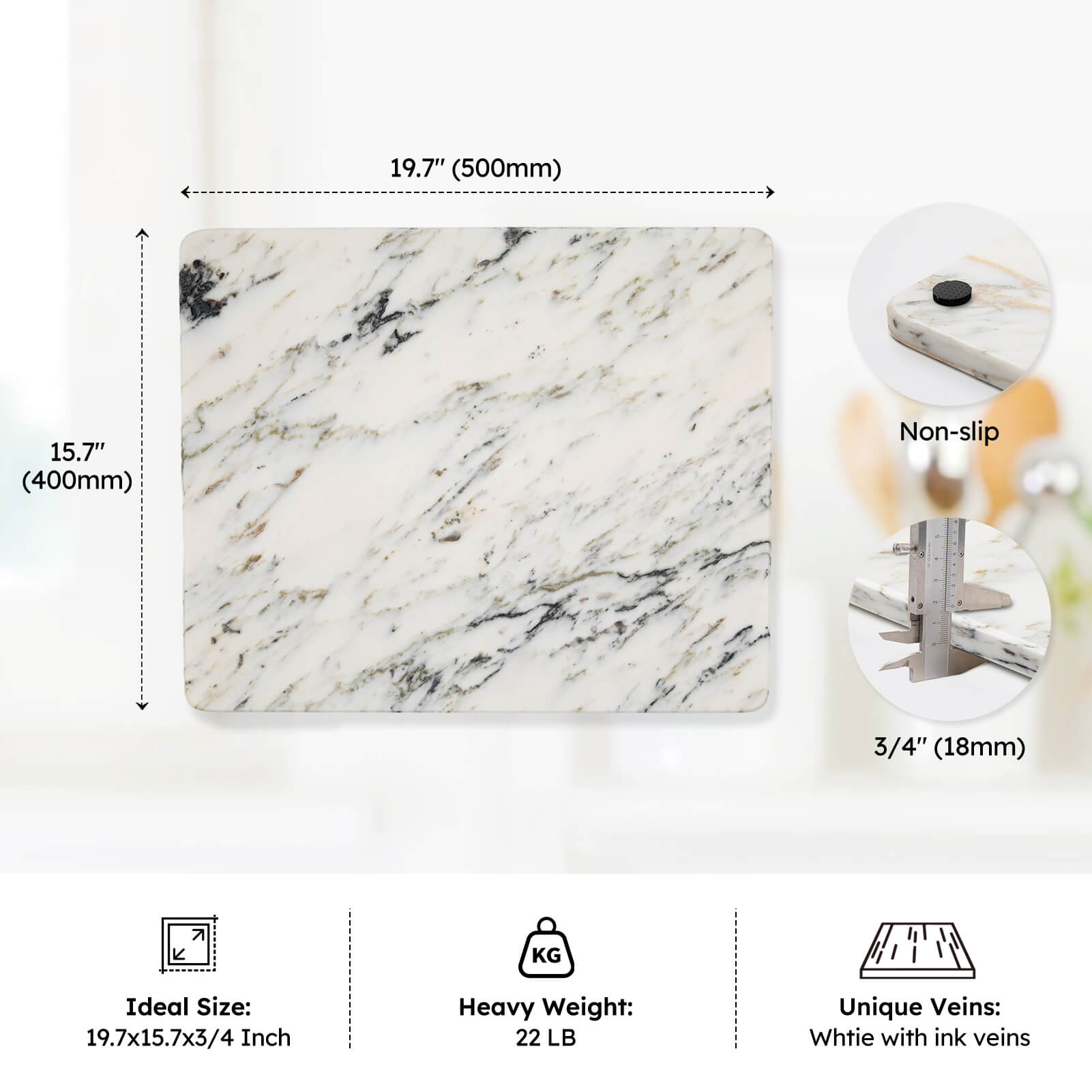 Diflart Natural Marble Cutting Board for Kitchen, 16x20 Inch, Ink White, Marble Slab Pastry Board Large with Non-Slip Feet for Cheese, Dough, Chocolate, Pack of 1 Pcs
