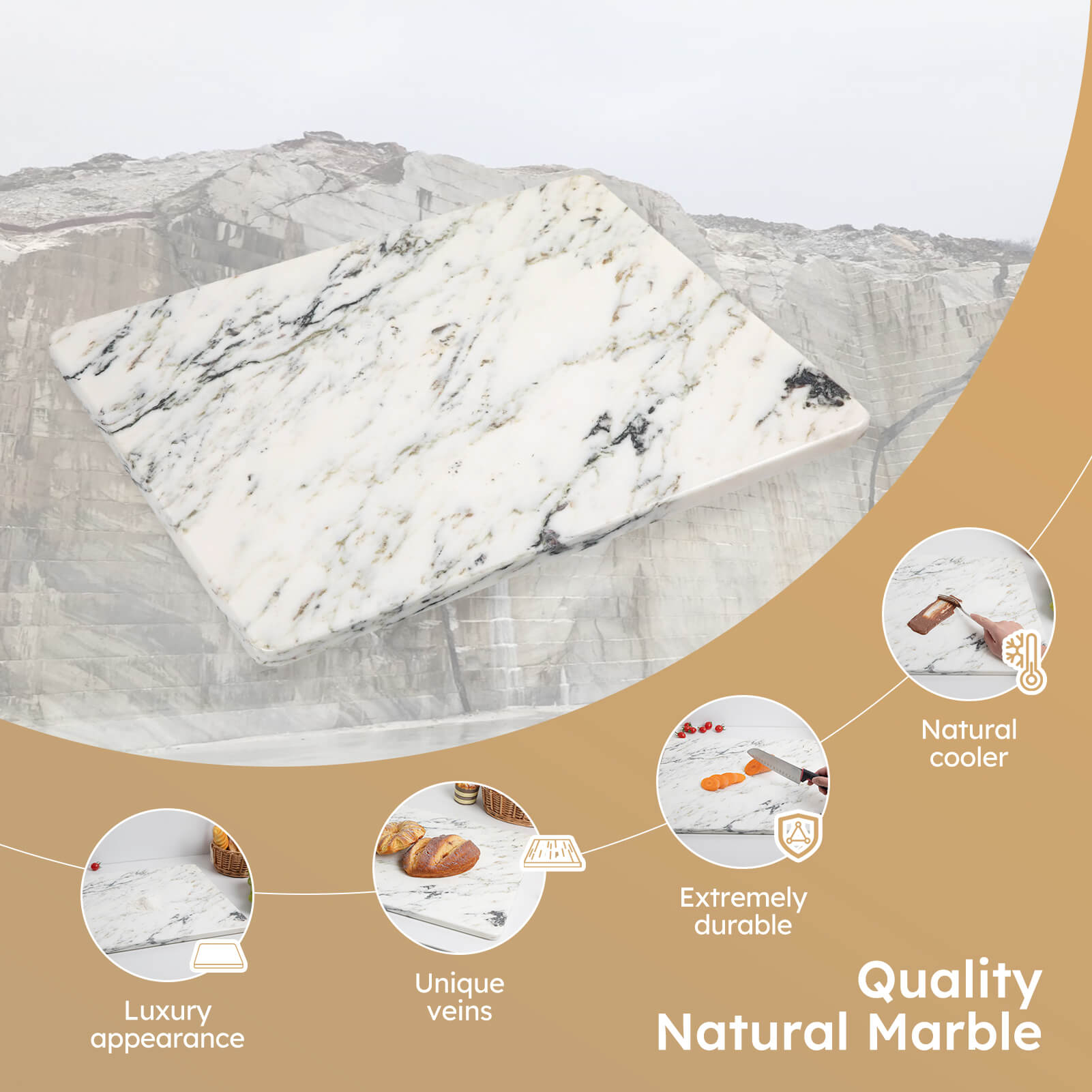 Diflart Natural Marble Cutting Board for Kitchen, 16x20 Inch, Ink White, Marble Slab Pastry Board Large with Non-Slip Feet for Cheese, Dough, Chocolate, Pack of 1 Pcs