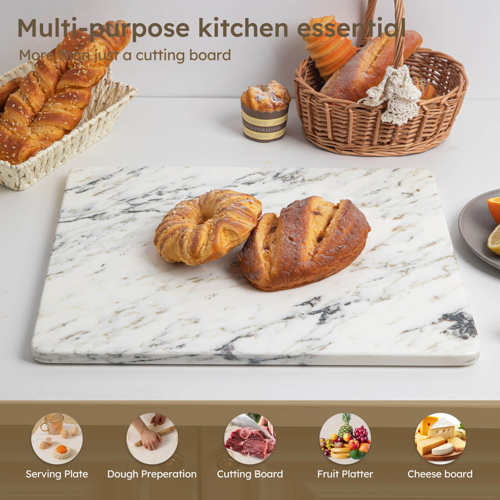 Diflart Natural Marble Cutting Board for Kitchen, 16x20 Inch, Ink White, Marble Slab Pastry Board Large with Non-Slip Feet for Cheese, Dough, Chocolate, Pack of 1 Pcs