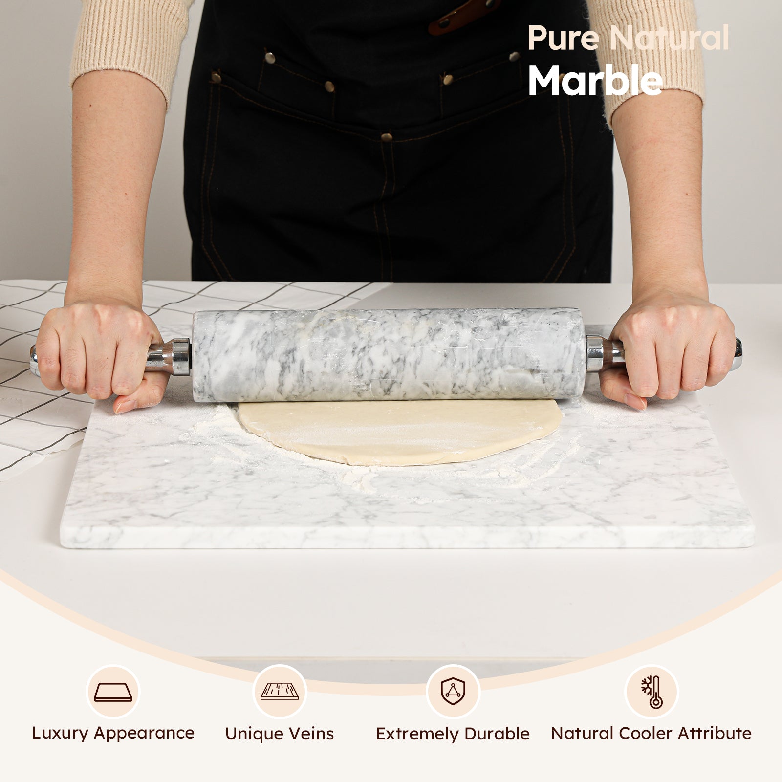 Diflart Natural Marble Stone Cutting Board for Kitchen, 16x16 Inch, White, Marble Slab Pastry Board Large with Non-Slip Feet for Backing, Cheese, Chocolate, Pack of 1 Piece