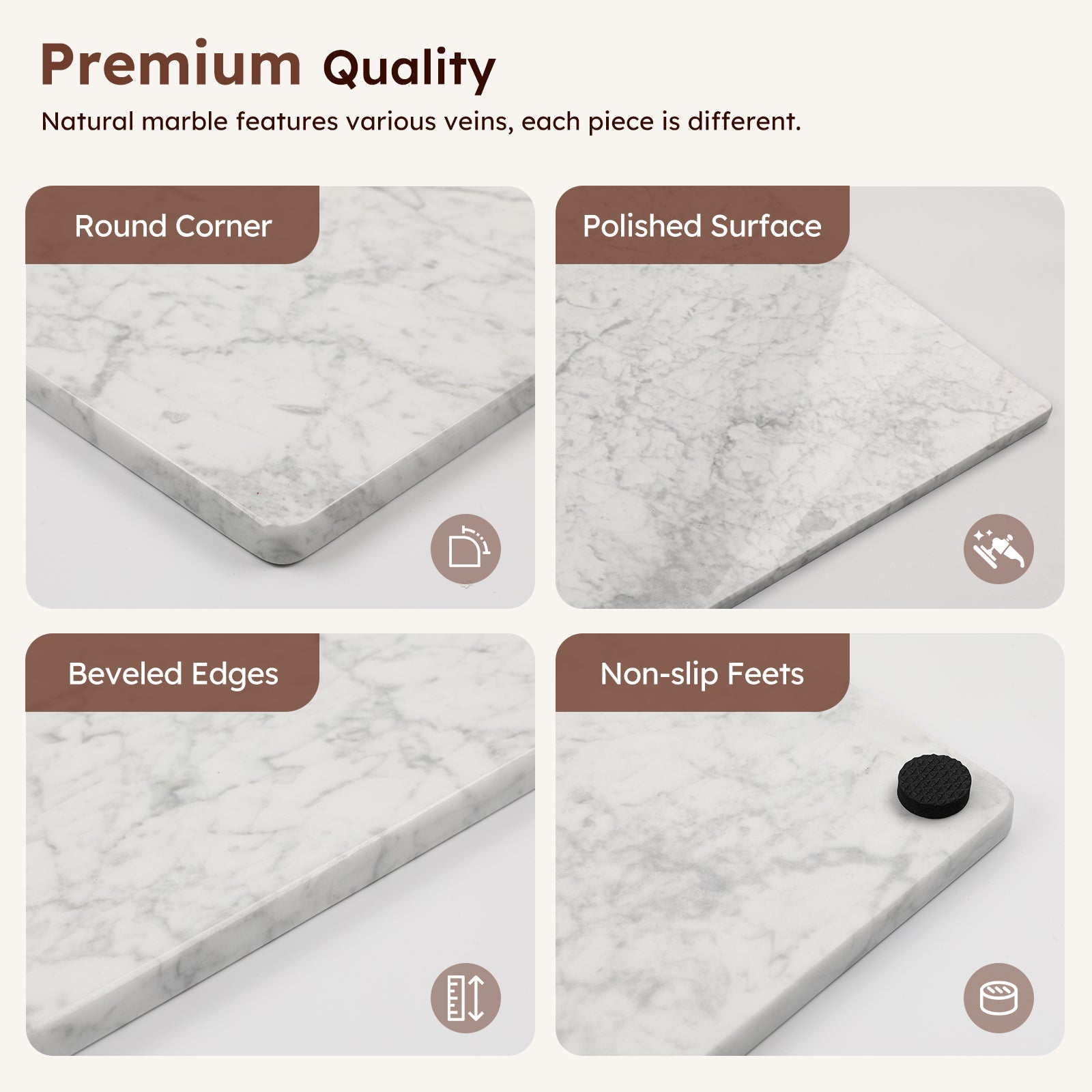 Diflart Natural Marble Stone Cutting Board for Kitchen, 16x16 Inch, White, Marble Slab Pastry Board Large with Non-Slip Feet for Backing, Cheese, Chocolate, Pack of 1 Piece