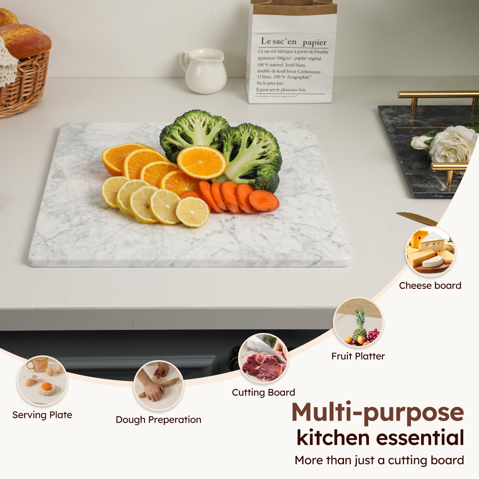 Diflart Natural Marble Stone Cutting Board for Kitchen, 16x16 Inch, White, Marble Slab Pastry Board Large with Non-Slip Feet for Backing, Cheese, Chocolate, Pack of 1 Piece