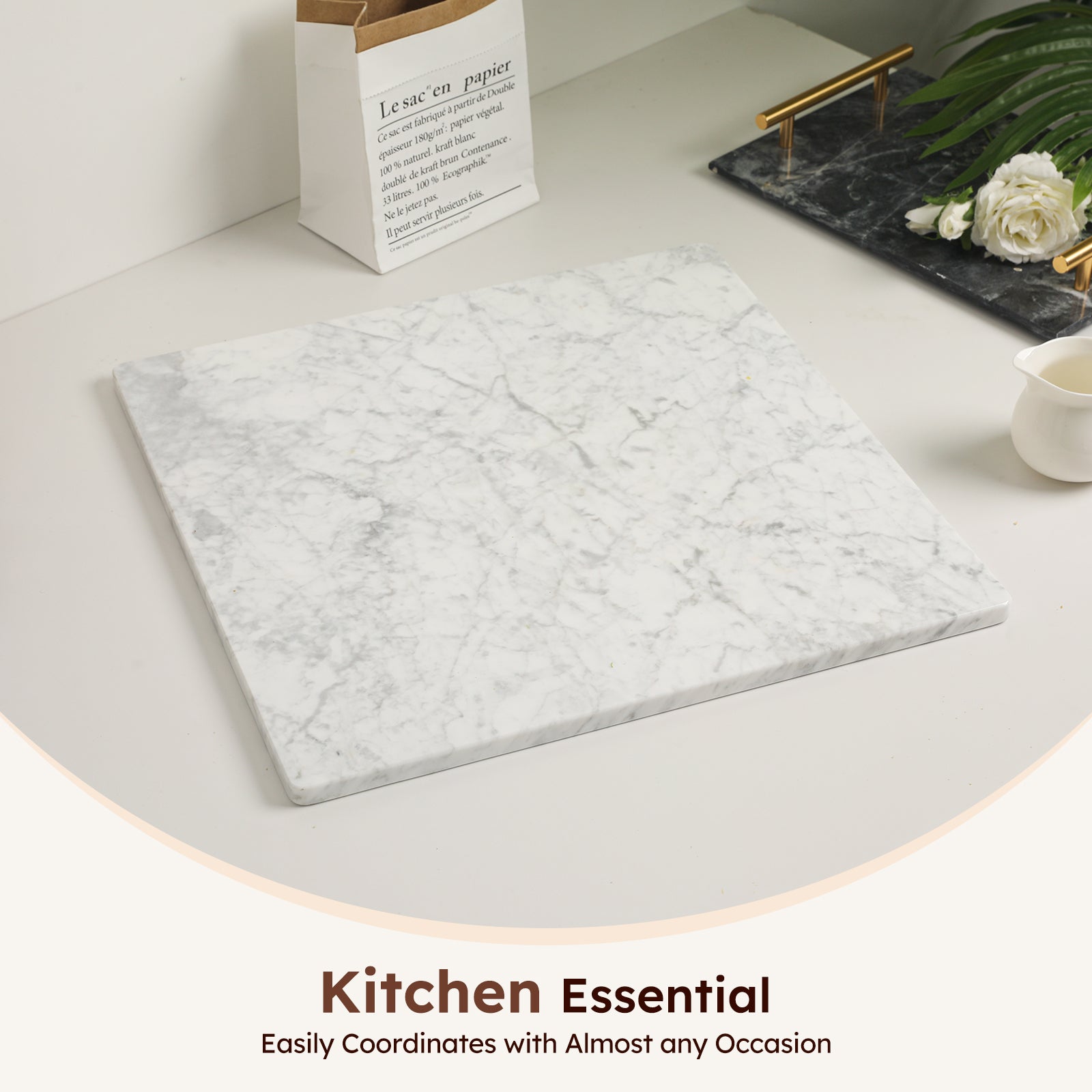 Diflart Natural Marble Stone Cutting Board for Kitchen, 16x16 Inch, White, Marble Slab Pastry Board Large with Non-Slip Feet for Backing, Cheese, Chocolate, Pack of 1 Piece