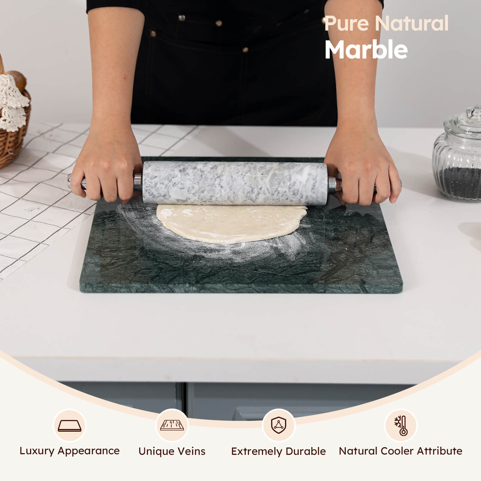 Diflart Natural Marble Stone Cutting Board for Kitchen, 16x16 Inch, Green, Marble Slab Pastry Board Large with Non-Slip Feet for Backing, Cheese, Chocolate, Pack of 1 Piece