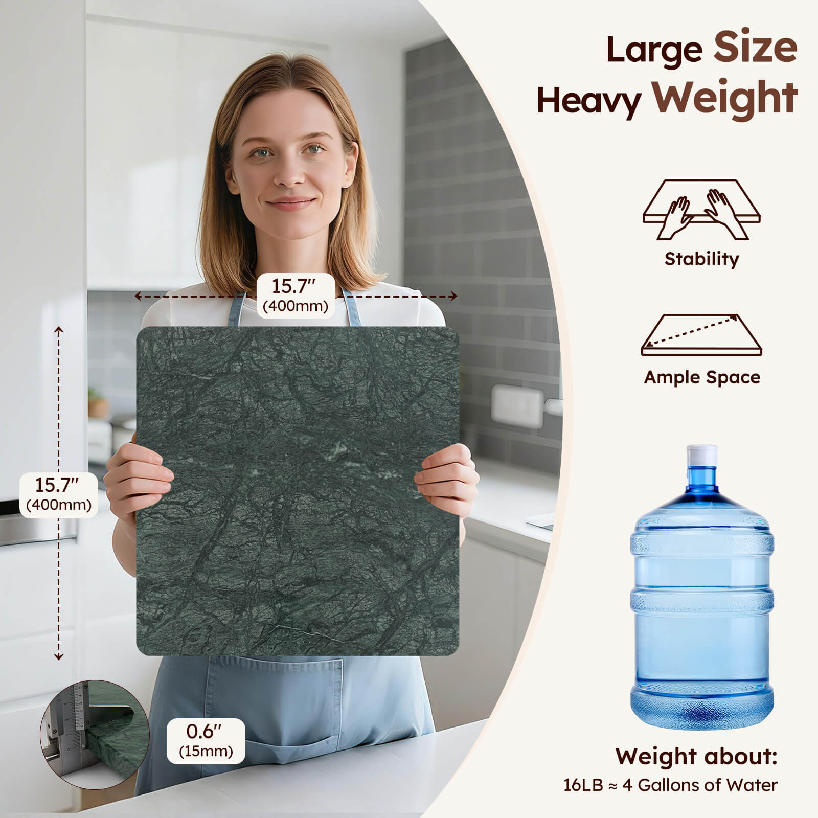 Diflart Natural Marble Stone Cutting Board for Kitchen, 16x16 Inch, Green, Marble Slab Pastry Board Large with Non-Slip Feet for Backing, Cheese, Chocolate, Pack of 1 Piece