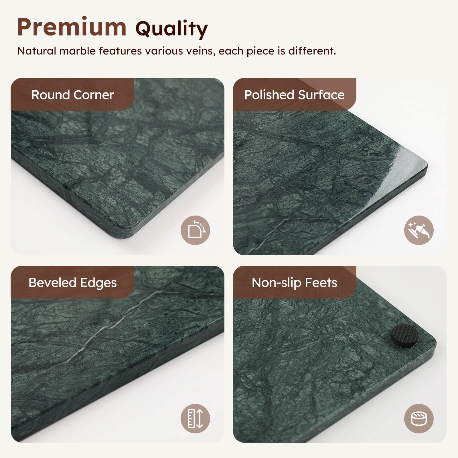 Diflart Natural Marble Stone Cutting Board for Kitchen, 16x16 Inch, Green, Marble Slab Pastry Board Large with Non-Slip Feet for Backing, Cheese, Chocolate, Pack of 1 Piece