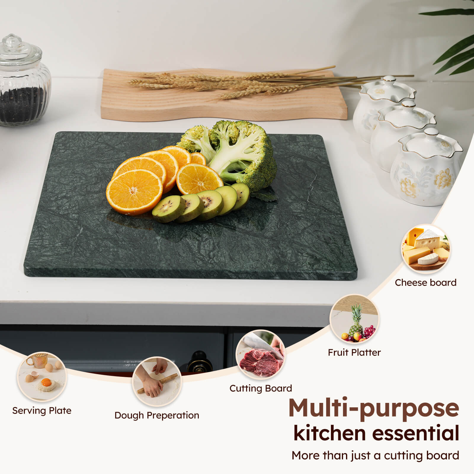 Diflart Natural Marble Stone Cutting Board for Kitchen, 16x16 Inch, Green, Marble Slab Pastry Board Large with Non-Slip Feet for Backing, Cheese, Chocolate, Pack of 1 Piece