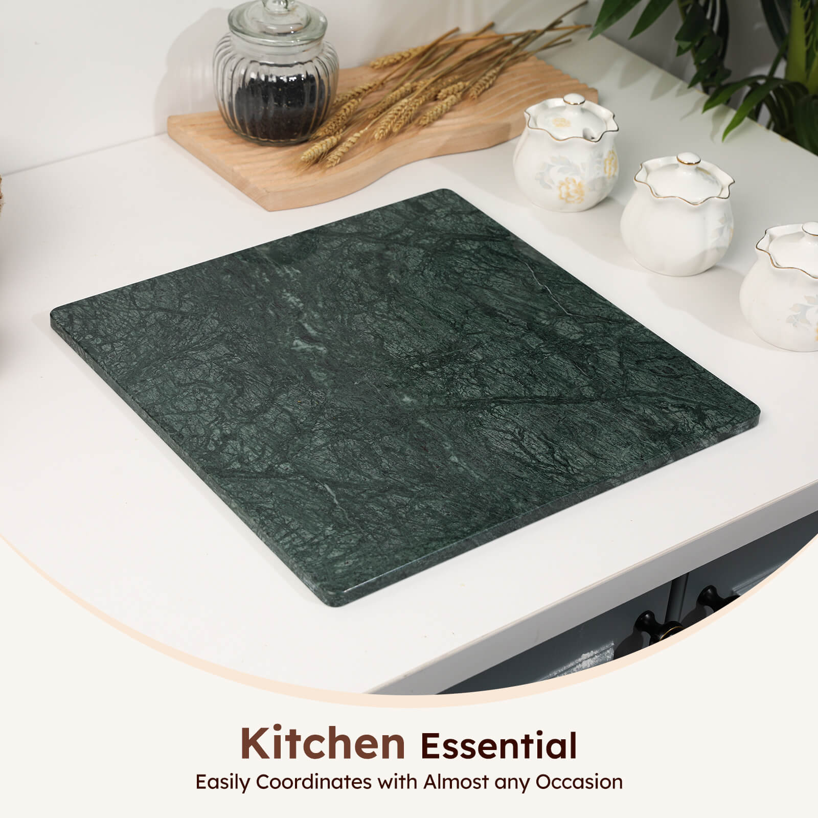 Diflart Natural Marble Stone Cutting Board for Kitchen, 16x16 Inch, Green, Marble Slab Pastry Board Large with Non-Slip Feet for Backing, Cheese, Chocolate, Pack of 1 Piece