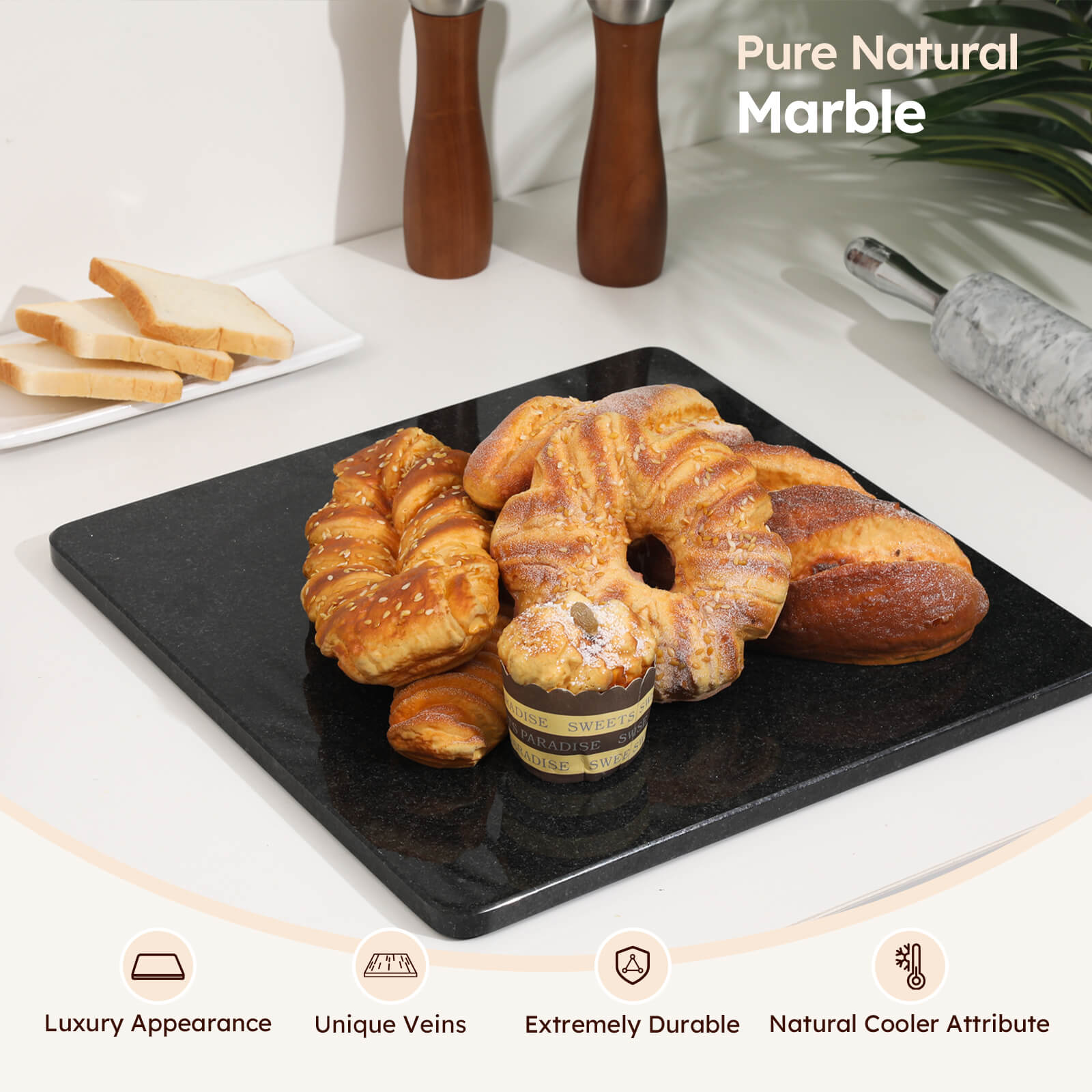 Diflart Natural Stone Cutting Board for Kitchen, 16x16 Inch, Black, Granite Slab Pastry Board Large with Non-Slip Feet for Backing, Cheese, Chocolate, Pack of 1 Piece