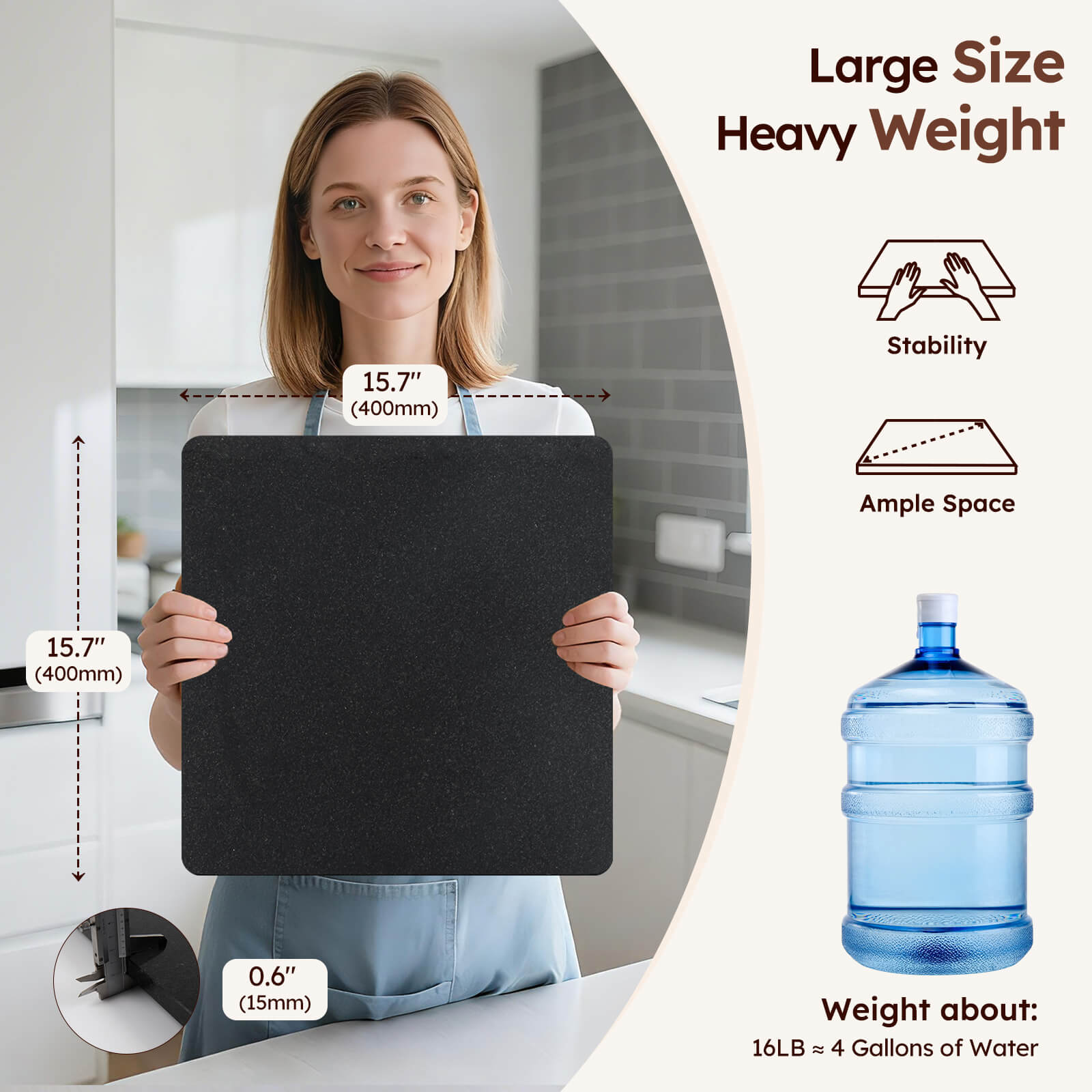 Diflart Natural Stone Cutting Board for Kitchen, 16x16 Inch, Black, Granite Slab Pastry Board Large with Non-Slip Feet for Backing, Cheese, Chocolate, Pack of 1 Piece