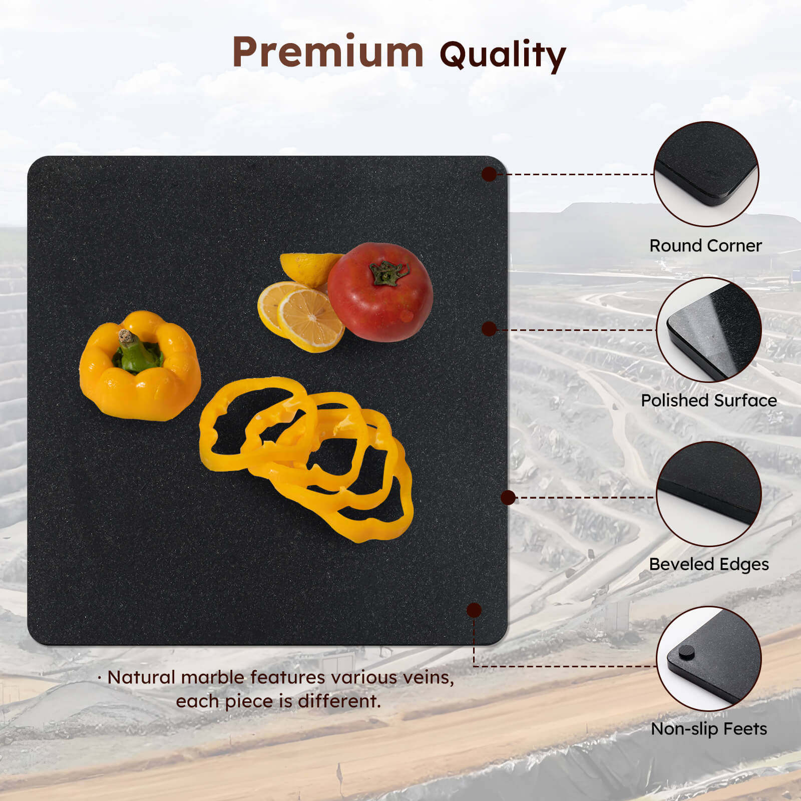 Diflart Natural Stone Cutting Board for Kitchen, 16x16 Inch, Black, Granite Slab Pastry Board Large with Non-Slip Feet for Backing, Cheese, Chocolate, Pack of 1 Piece