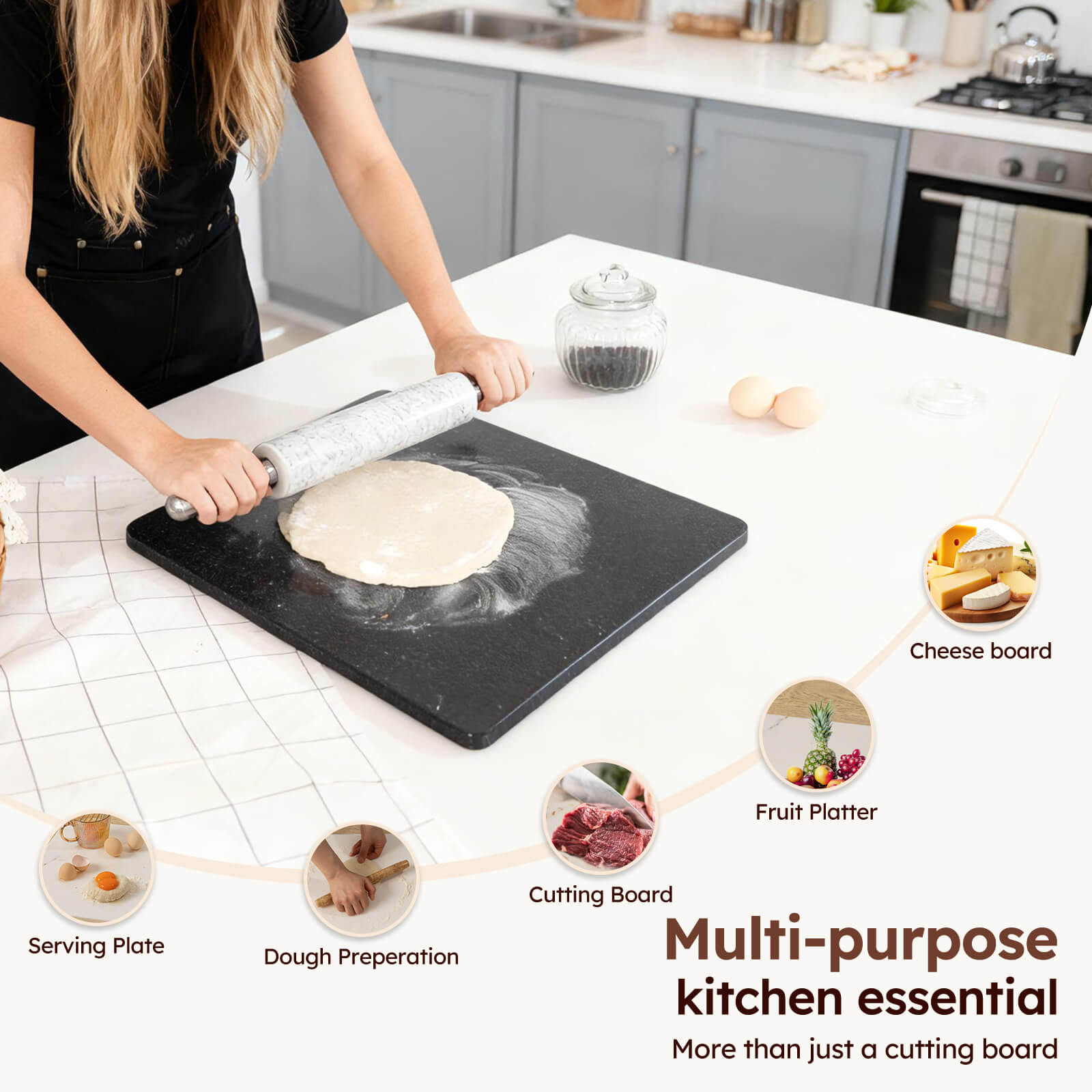 Diflart Natural Stone Cutting Board for Kitchen, 16x16 Inch, Black, Granite Slab Pastry Board Large with Non-Slip Feet for Backing, Cheese, Chocolate, Pack of 1 Piece