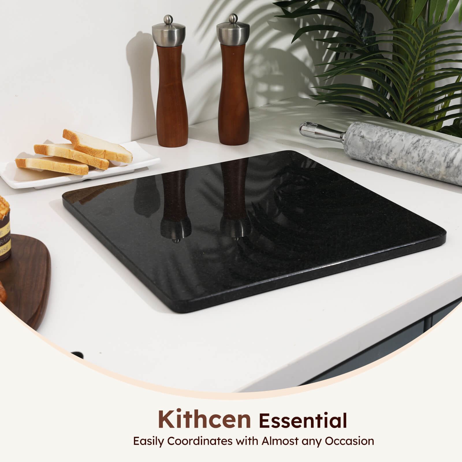 Diflart Natural Stone Cutting Board for Kitchen, 16x16 Inch, Black, Granite Slab Pastry Board Large with Non-Slip Feet for Backing, Cheese, Chocolate, Pack of 1 Piece