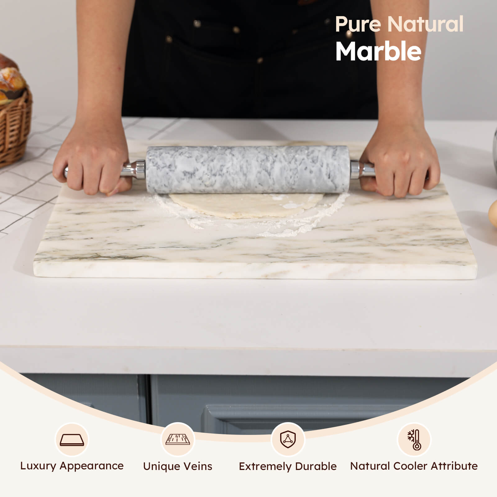 Diflart Natural Marble Stone Cutting Board for Kitchen, 16x20 Inch, Ink White, Marble Slab Pastry Board Large with Non-Slip Feet for Backing, Cheese, Chocolate, Pack of 1 Piece