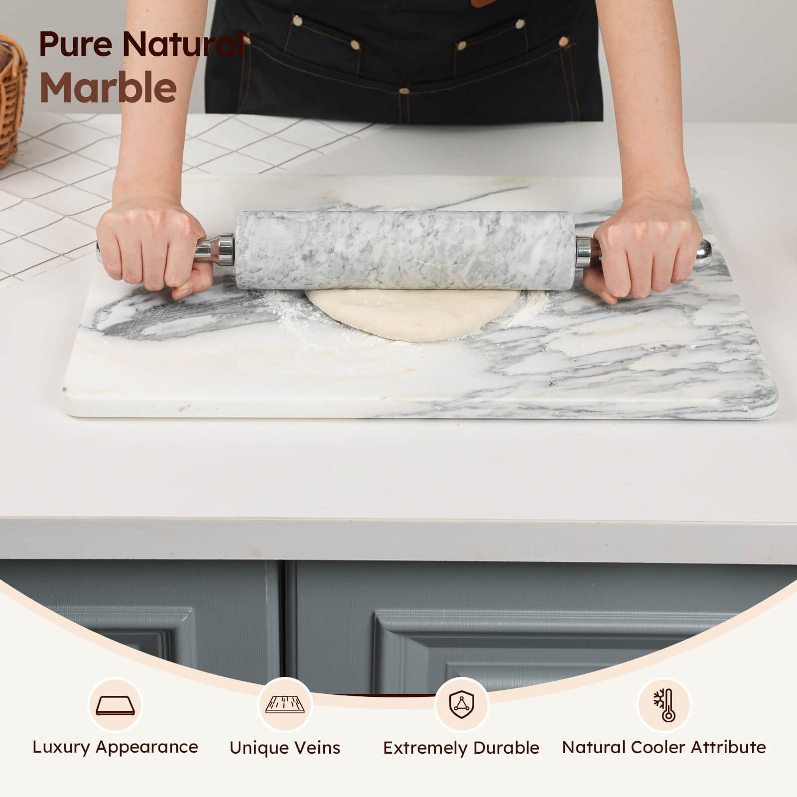 Diflart Natural Marble Stone Cutting Board for Kitchen, 16x20 Inch, Ink White, Marble Slab Pastry Board Large with Non-Slip Feet for Backing, Cheese, Chocolate, Pack of 1 Piece