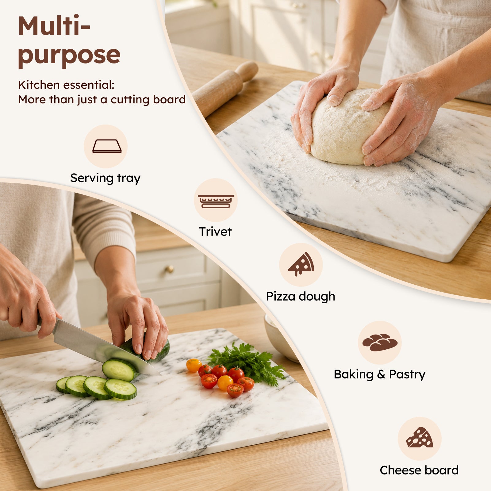 Diflart Natural Marble Stone Cutting Board for Kitchen, 16x20 Inch, Ink White, Marble Slab Pastry Board Large with Non-Slip Feet for Backing, Cheese, Chocolate, Pack of 1 Piece