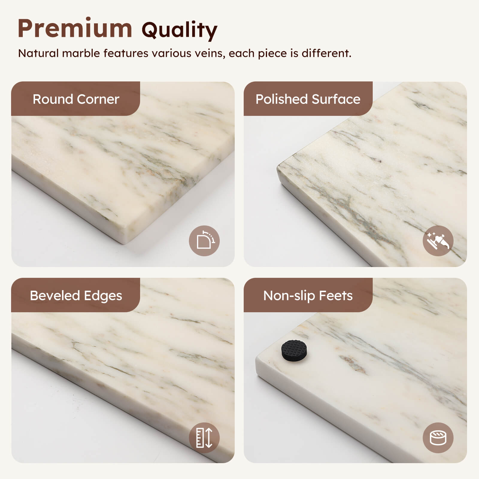 Diflart Natural Marble Stone Cutting Board for Kitchen, 16x20 Inch, Ink White, Marble Slab Pastry Board Large with Non-Slip Feet for Backing, Cheese, Chocolate, Pack of 1 Piece