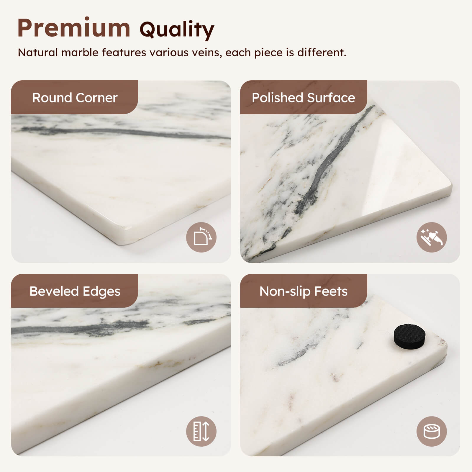 Diflart Natural Marble Stone Cutting Board for Kitchen, 16x20 Inch, Ink White, Marble Slab Pastry Board Large with Non-Slip Feet for Backing, Cheese, Chocolate, Pack of 1 Piece