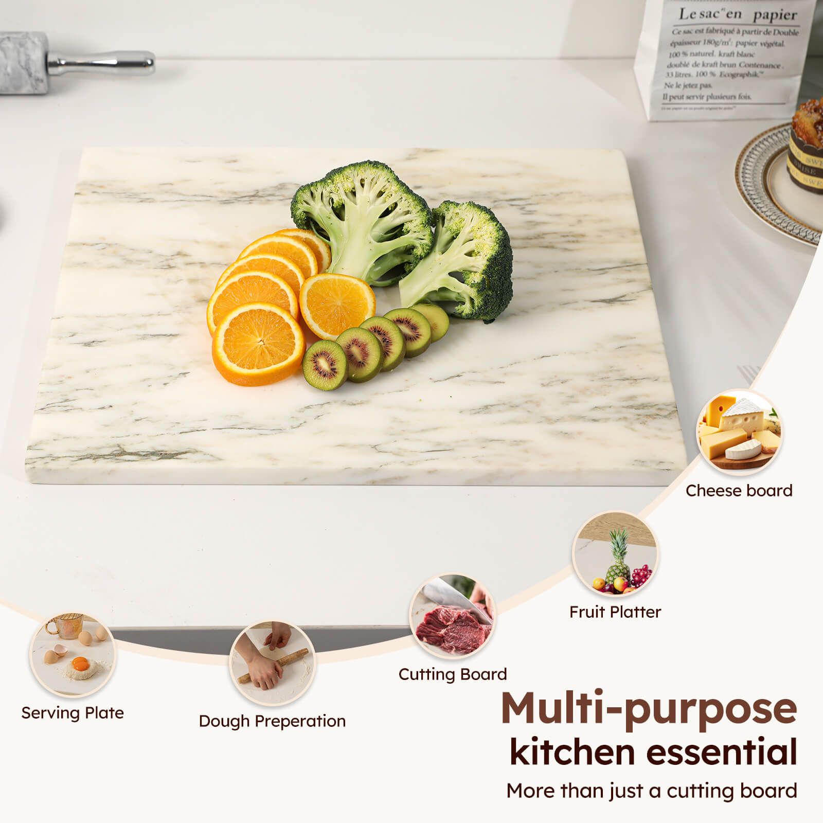 Diflart Natural Marble Stone Cutting Board for Kitchen, 16x20 Inch, Ink White, Marble Slab Pastry Board Large with Non-Slip Feet for Backing, Cheese, Chocolate, Pack of 1 Piece