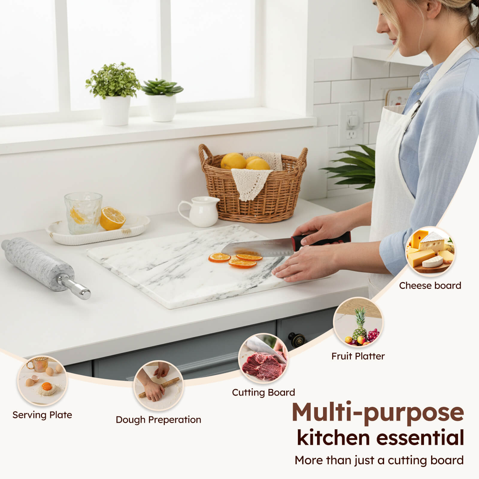 Diflart Natural Marble Stone Cutting Board for Kitchen, 16x20 Inch, Ink White, Marble Slab Pastry Board Large with Non-Slip Feet for Backing, Cheese, Chocolate, Pack of 1 Piece