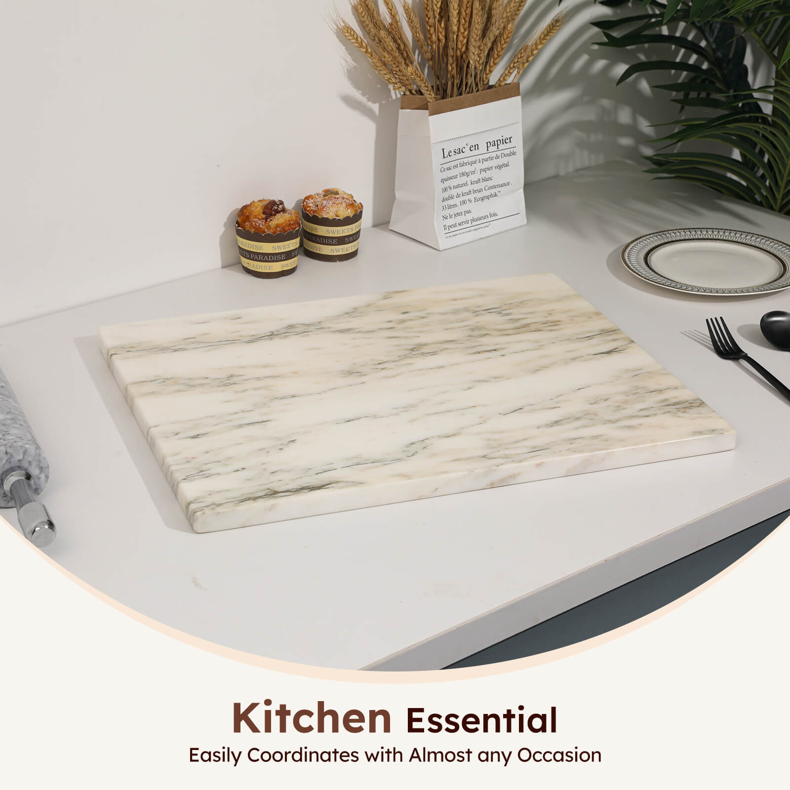 Diflart Natural Marble Stone Cutting Board for Kitchen, 16x20 Inch, Ink White, Marble Slab Pastry Board Large with Non-Slip Feet for Backing, Cheese, Chocolate, Pack of 1 Piece