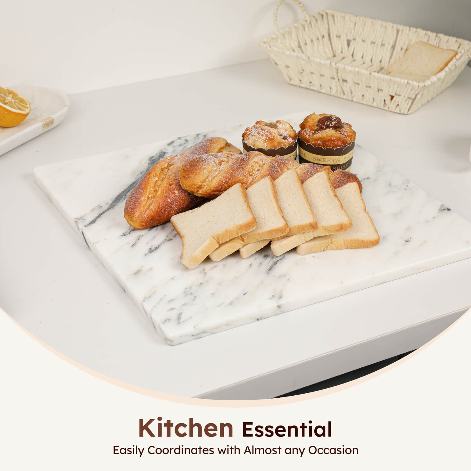 Diflart Natural Marble Stone Cutting Board for Kitchen, 16x20 Inch, Ink White, Marble Slab Pastry Board Large with Non-Slip Feet for Backing, Cheese, Chocolate, Pack of 1 Piece