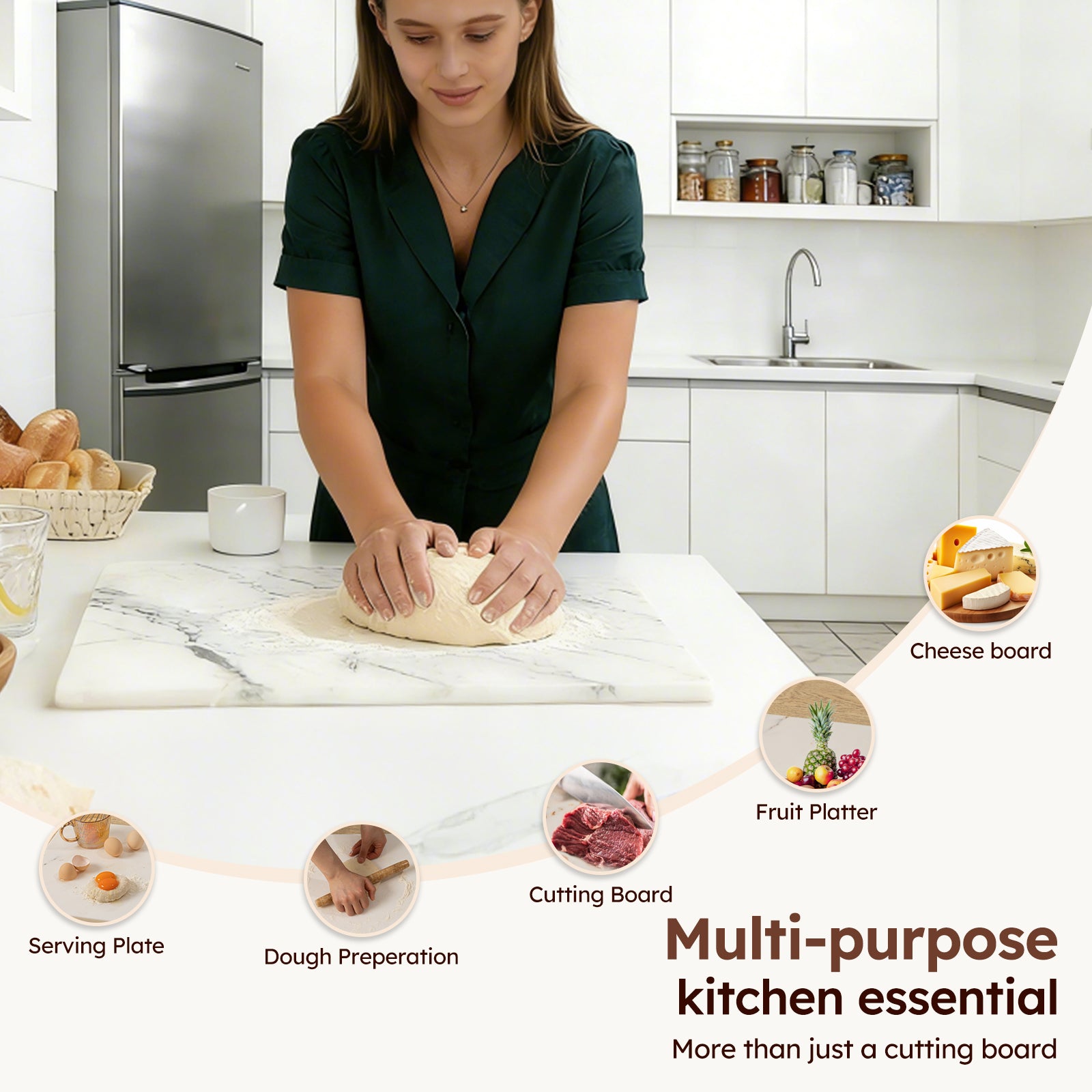 Diflart Natural Marble Stone Cutting Board for Kitchen, 16x16 Inch, Ink White, Marble Slab Pastry Board Large with Non-Slip Feet for Backing, Cheese, Chocolate, Pack of 1 Piece