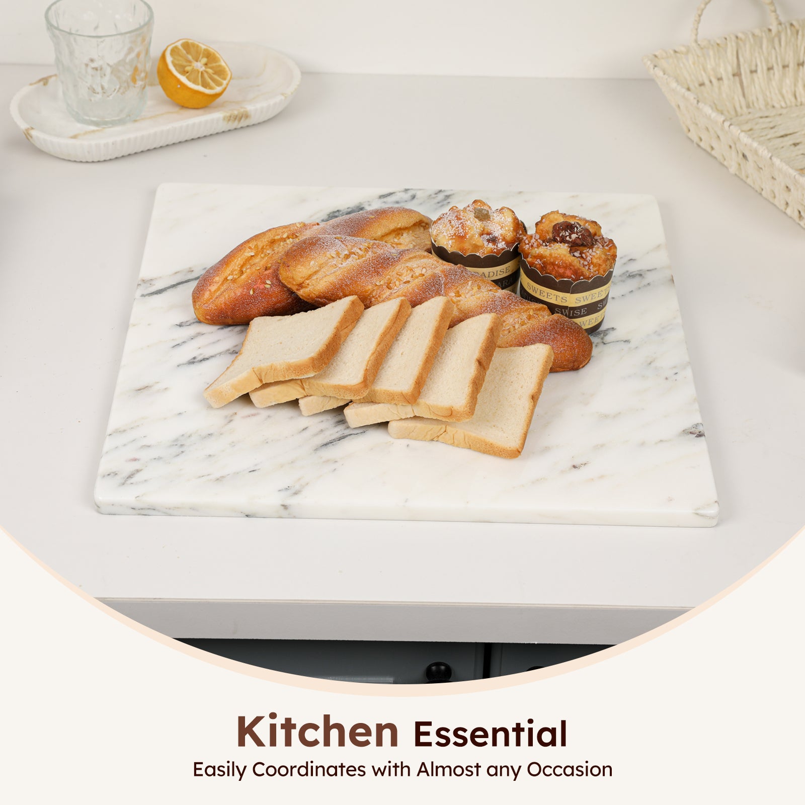 Diflart Natural Marble Stone Cutting Board for Kitchen, 16x16 Inch, Ink White, Marble Slab Pastry Board Large with Non-Slip Feet for Backing, Cheese, Chocolate, Pack of 1 Piece