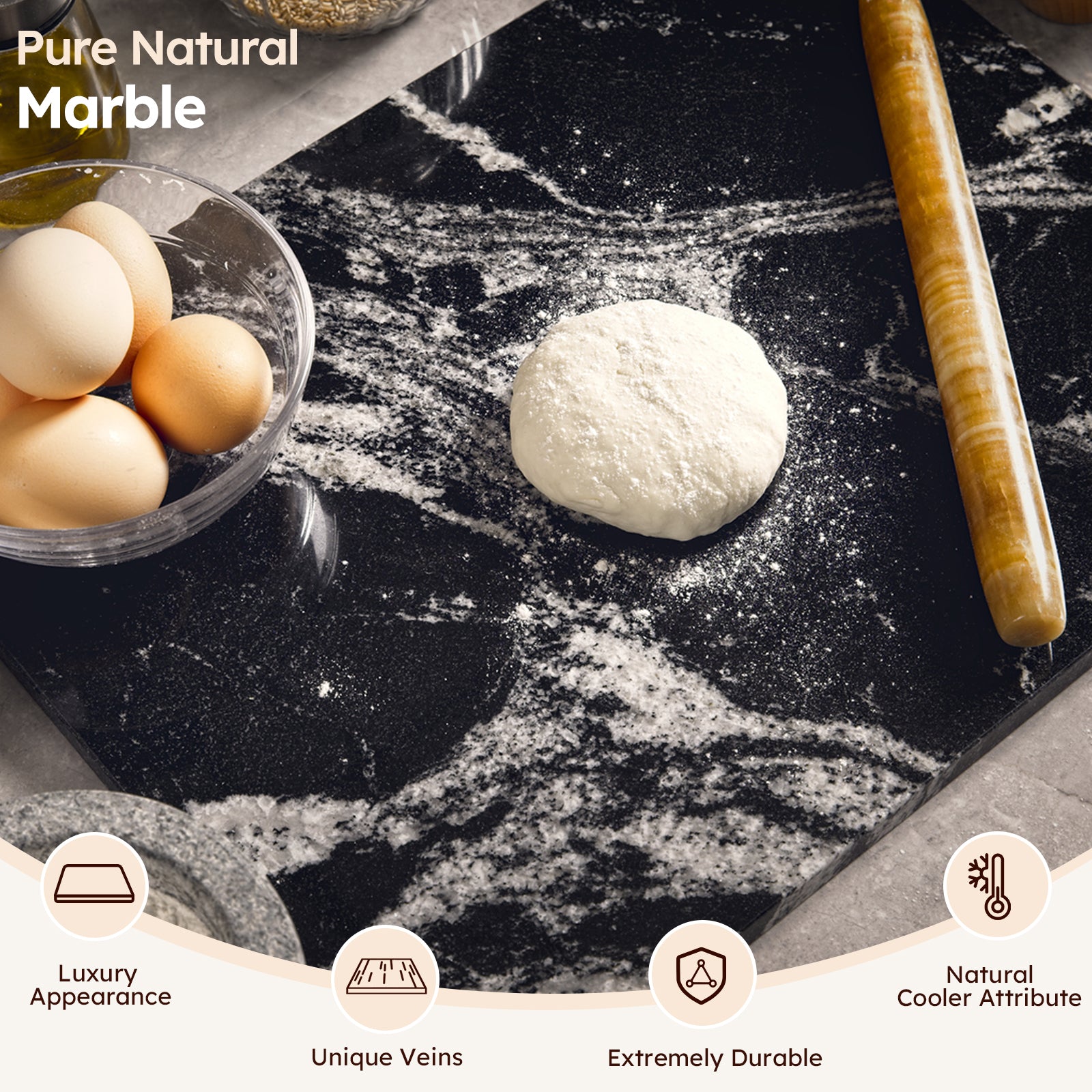 Diflart Natural Marble Stone Cutting Board for Kitchen, 16x20 Inch, Black, Marble Slab Pastry Board Large with Non-Slip Feet for Cheese, Charcuterie, Dough Chocolate, Pack of 1 Piece