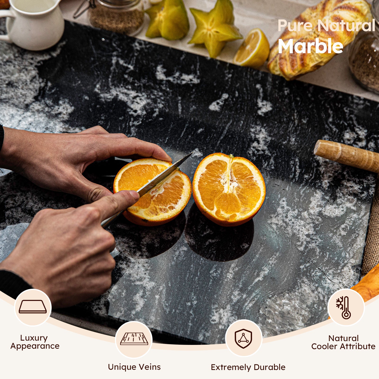 Diflart Natural Marble Stone Cutting Board for Kitchen, 16x20 Inch, Black, Marble Slab Pastry Board Large with Non-Slip Feet for Cheese, Charcuterie, Dough Chocolate, Pack of 1 Piece