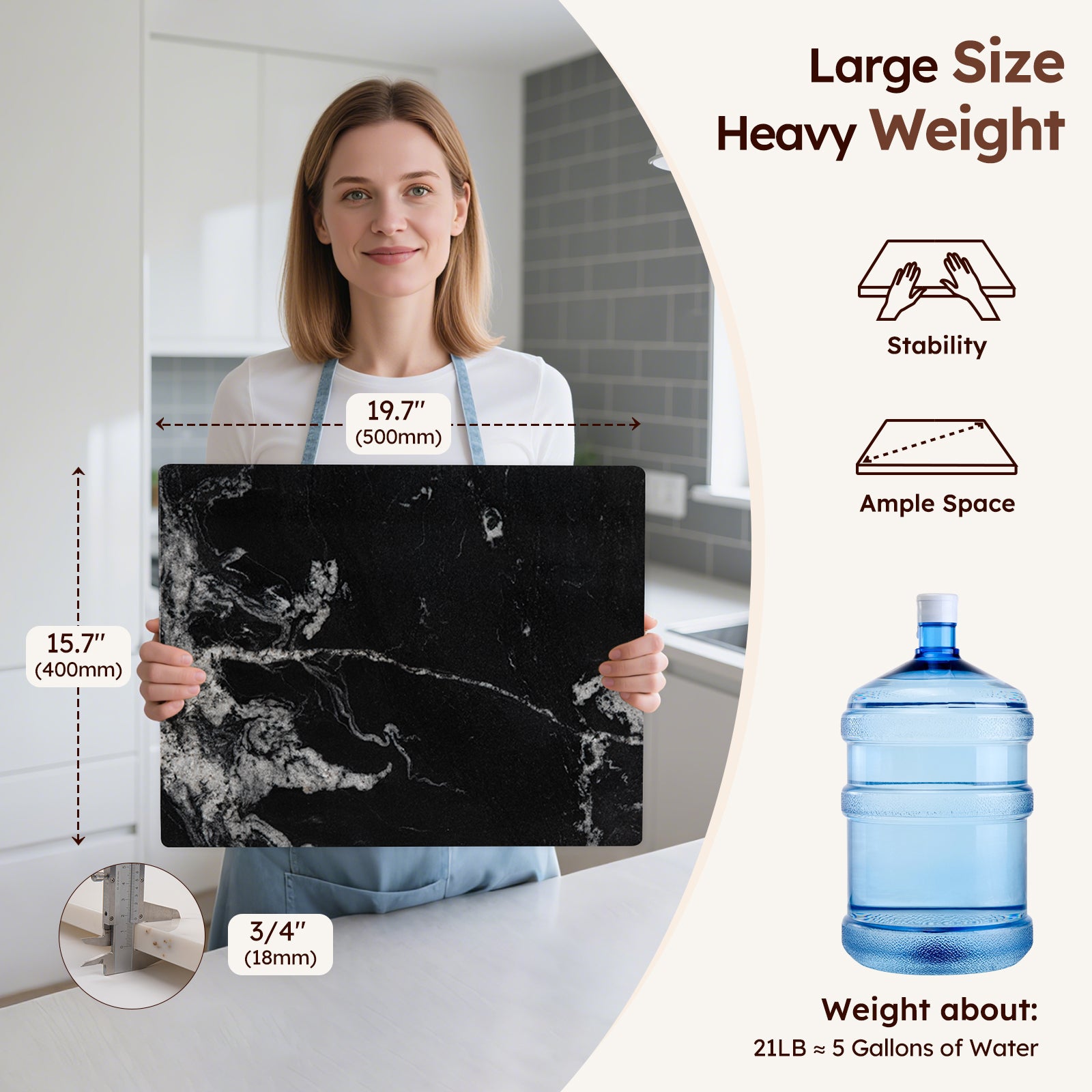 Diflart Natural Marble Stone Cutting Board for Kitchen, 16x20 Inch, Black, Marble Slab Pastry Board Large with Non-Slip Feet for Cheese, Charcuterie, Dough Chocolate, Pack of 1 Piece