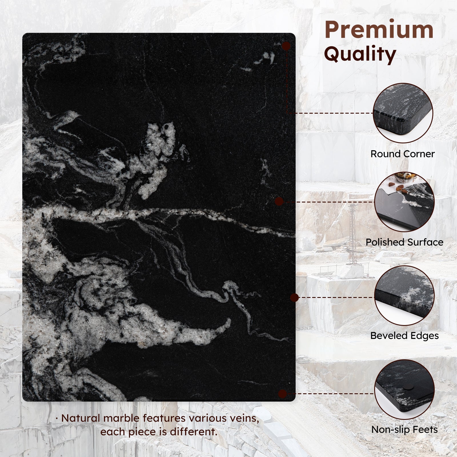 Diflart Natural Marble Stone Cutting Board for Kitchen, 16x20 Inch, Black, Marble Slab Pastry Board Large with Non-Slip Feet for Cheese, Charcuterie, Dough Chocolate, Pack of 1 Piece