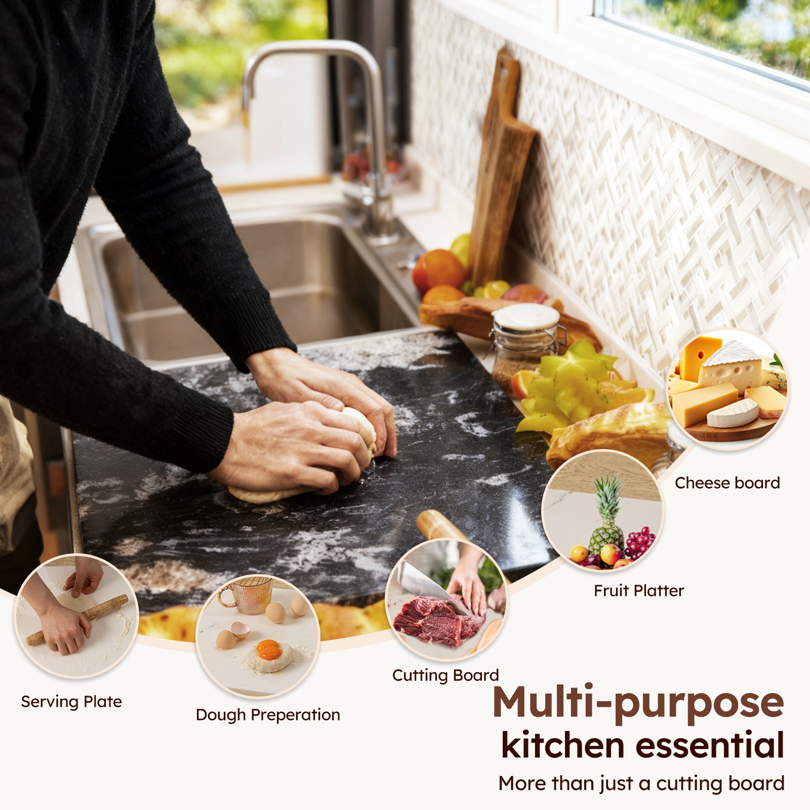 Diflart Natural Marble Stone Cutting Board for Kitchen, 16x20 Inch, Black, Marble Slab Pastry Board Large with Non-Slip Feet for Cheese, Charcuterie, Dough Chocolate, Pack of 1 Piece