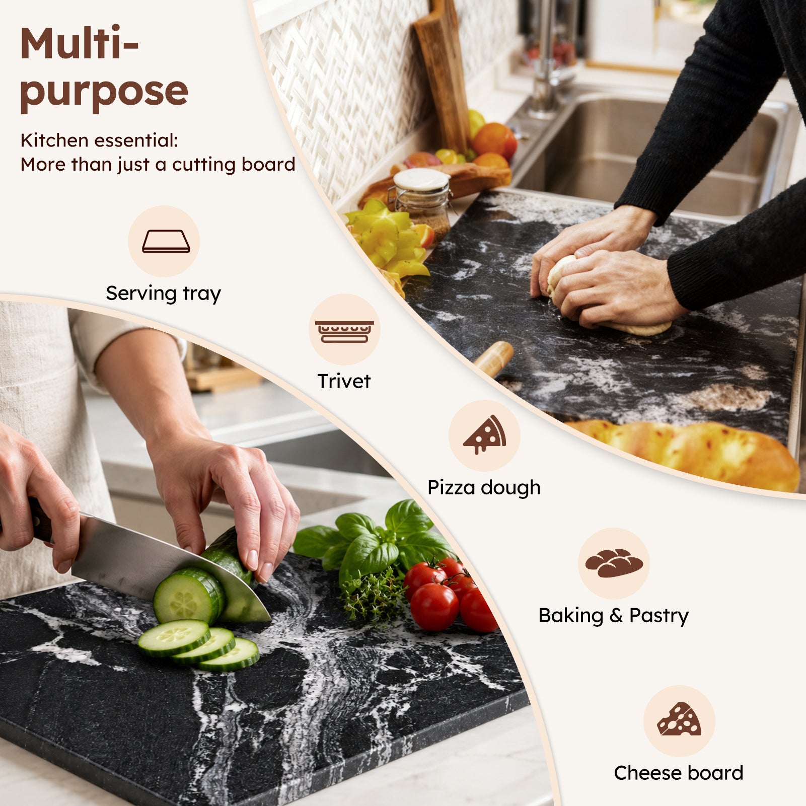 Diflart Natural Marble Stone Cutting Board for Kitchen, 16x20 Inch, Black, Marble Slab Pastry Board Large with Non-Slip Feet for Cheese, Charcuterie, Dough Chocolate, Pack of 1 Piece