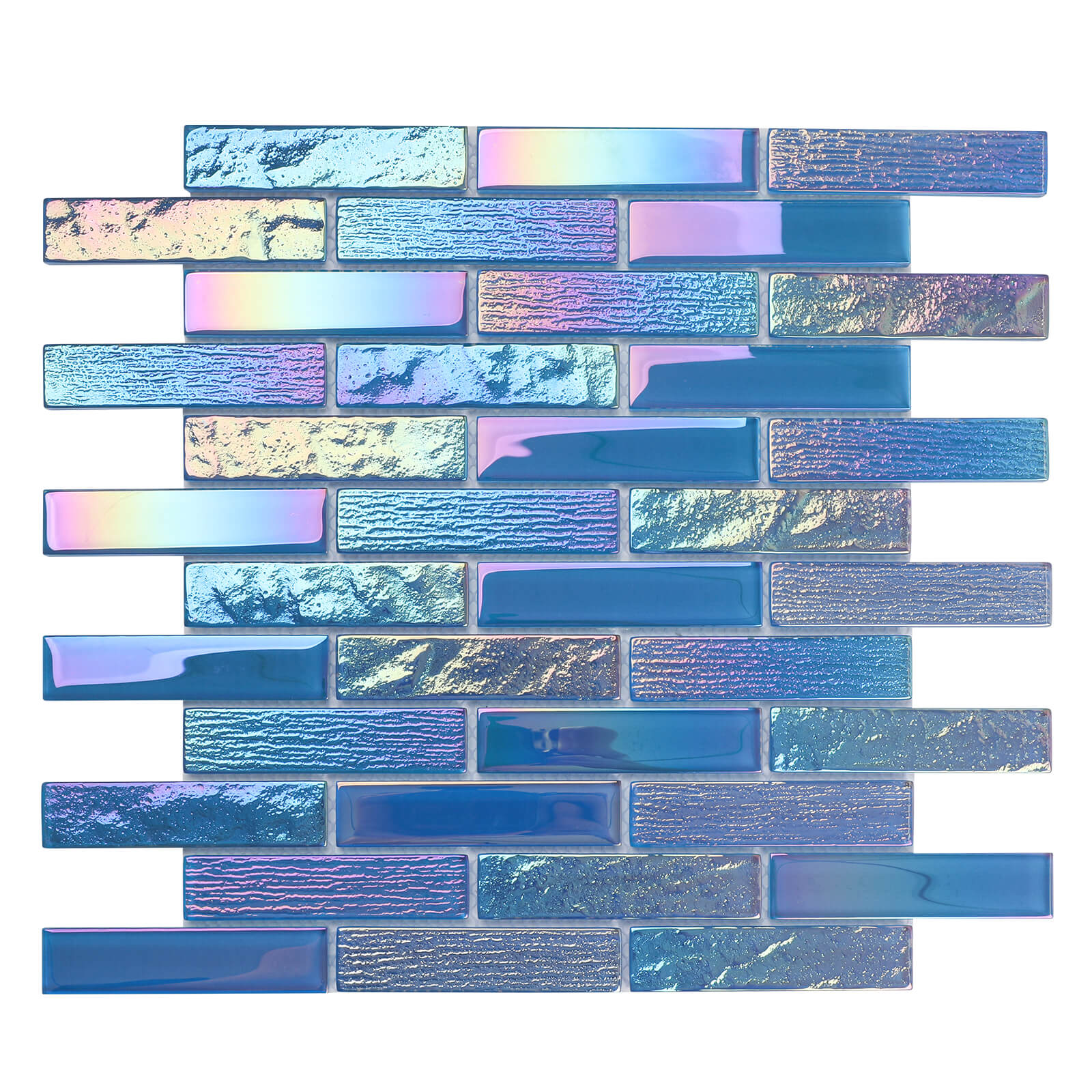 Diflart Glass Mosaic Tiles, Iridescent Blue, 1x4 Inch Brick, Glass Linear Tile for Swimming Pool, Kitchen Backsplash, Shower Bathroom Waterline Fountain Wall, Pack of 5 Sheets