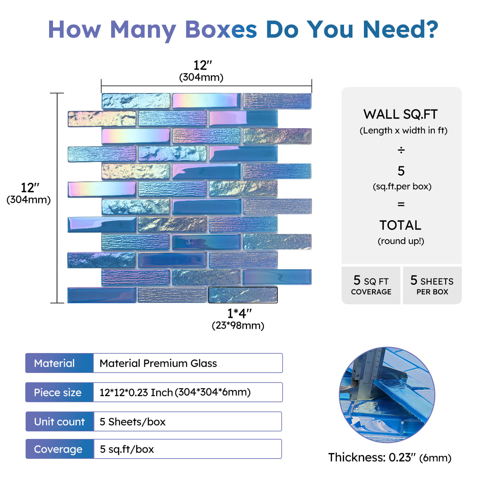 Diflart Glass Mosaic Tiles, Iridescent Blue, 1x4 Inch Brick, Glass Linear Tile for Swimming Pool, Kitchen Backsplash, Shower Bathroom Waterline Fountain Wall, Pack of 5 Sheets