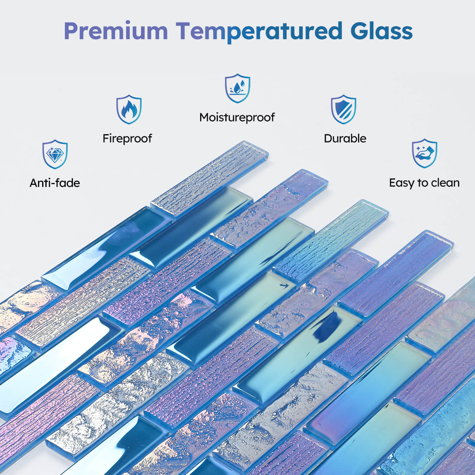 Diflart Glass Mosaic Tiles, Iridescent Blue, 1x4 Inch Brick, Glass Linear Tile for Swimming Pool, Kitchen Backsplash, Shower Bathroom Waterline Fountain Wall, Pack of 5 Sheets