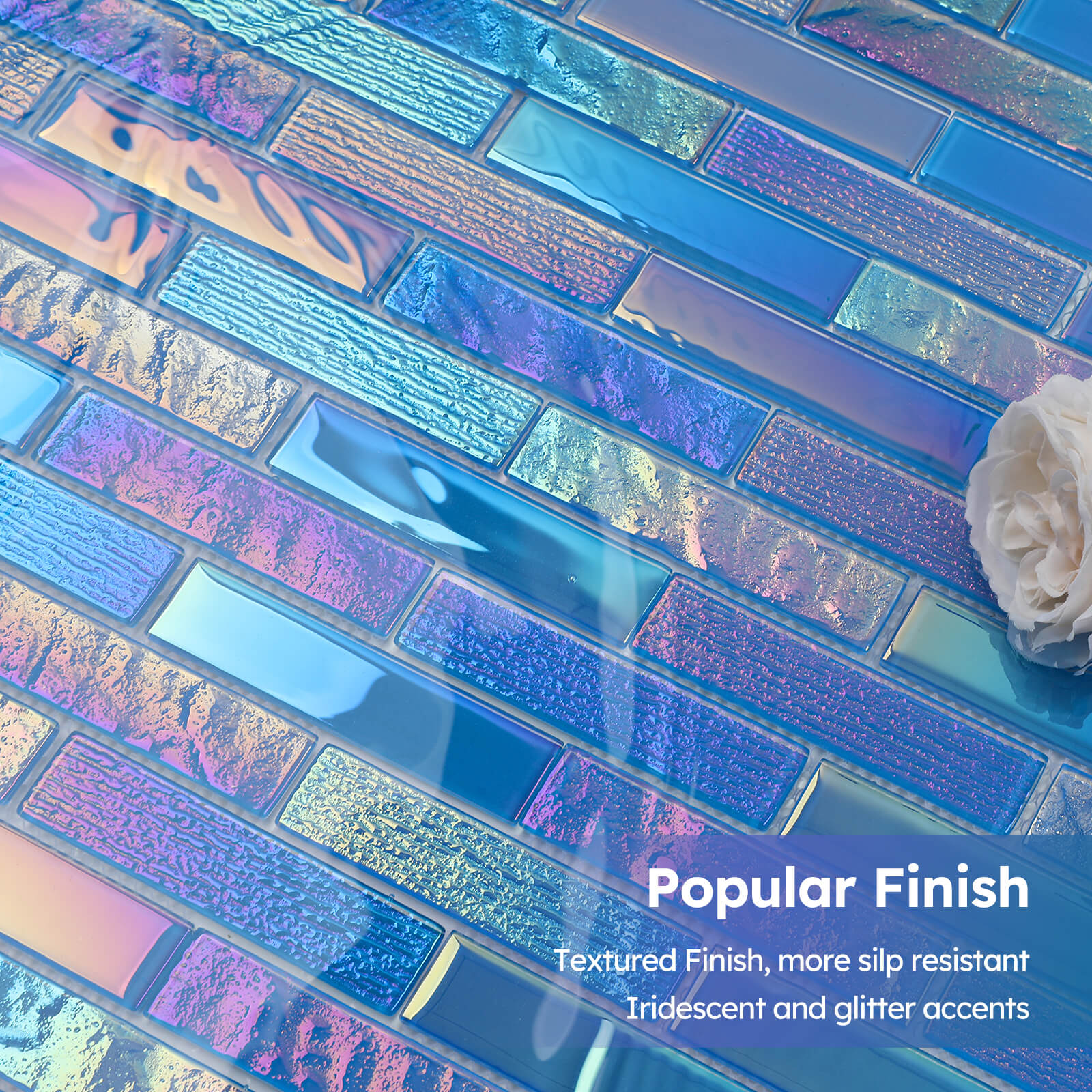 Diflart Glass Mosaic Tiles, Iridescent Blue, 1x4 Inch Brick, Glass Linear Tile for Swimming Pool, Kitchen Backsplash, Shower Bathroom Waterline Fountain Wall, Pack of 5 Sheets