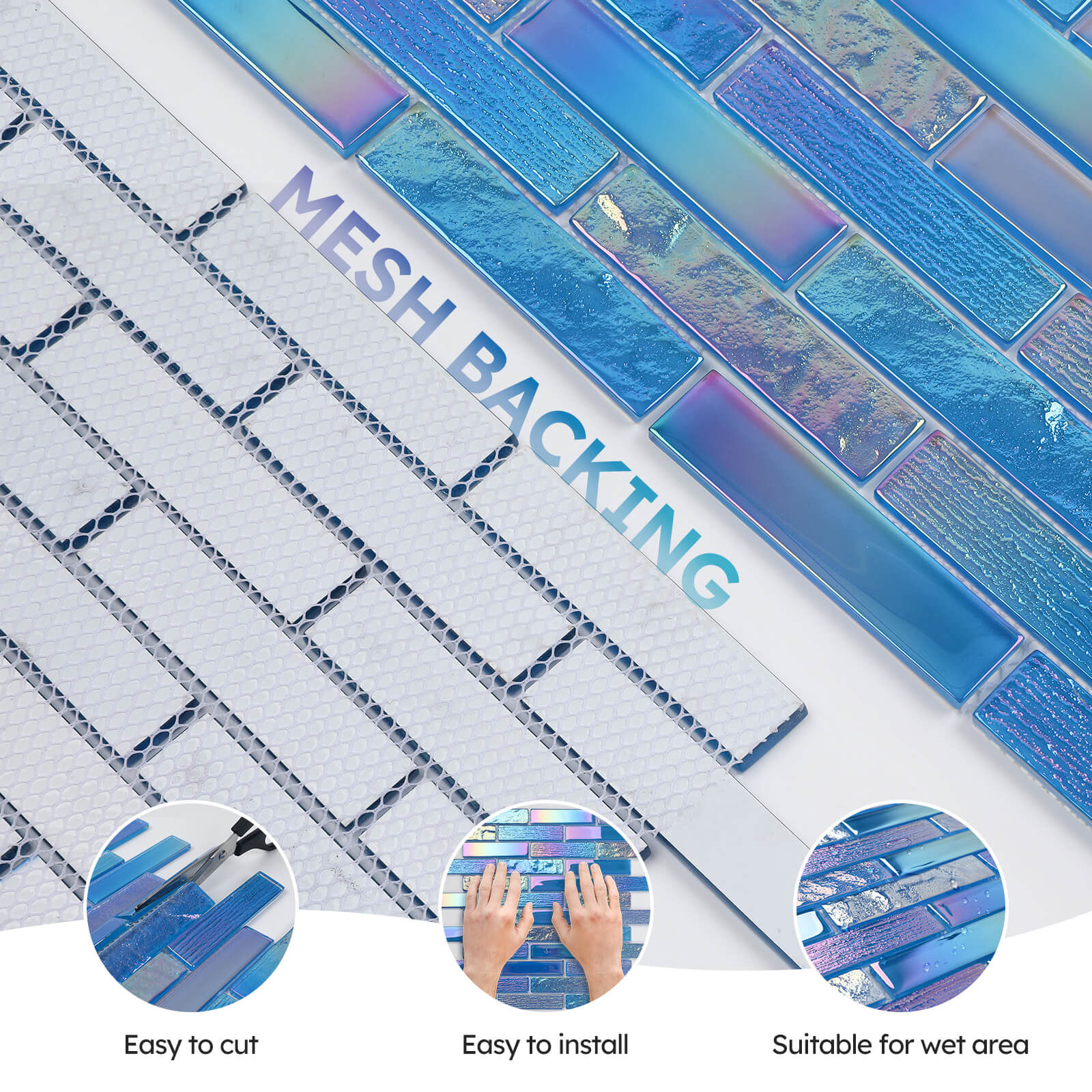 Diflart Glass Mosaic Tiles, Iridescent Blue, 1x4 Inch Brick, Glass Linear Tile for Swimming Pool, Kitchen Backsplash, Shower Bathroom Waterline Fountain Wall, Pack of 5 Sheets