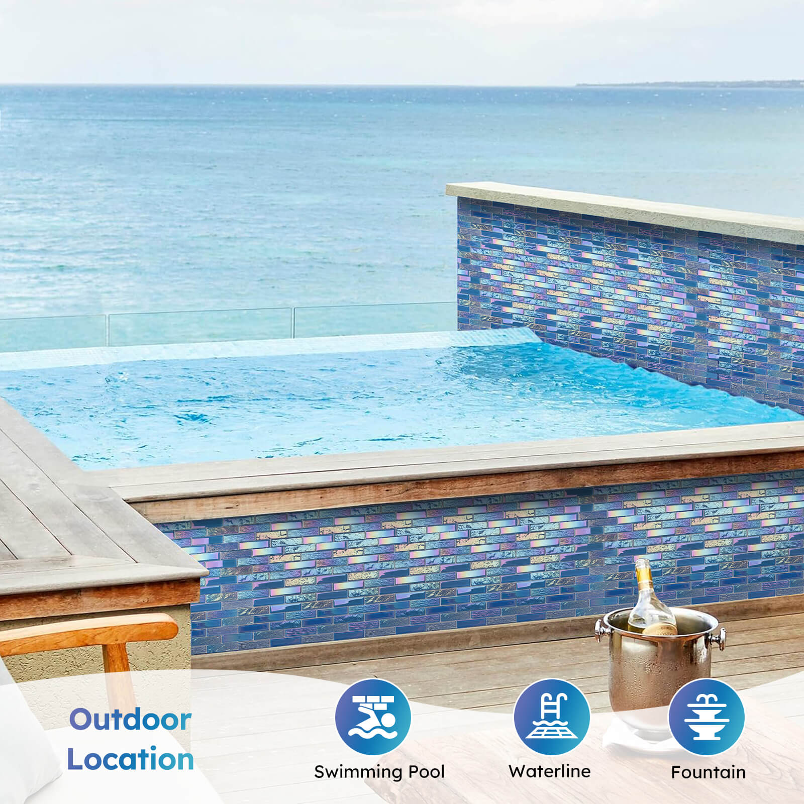 Diflart Glass Mosaic Tiles, Iridescent Blue, 1x4 Inch Brick, Glass Linear Tile for Swimming Pool, Kitchen Backsplash, Shower Bathroom Waterline Fountain Wall, Pack of 5 Sheets