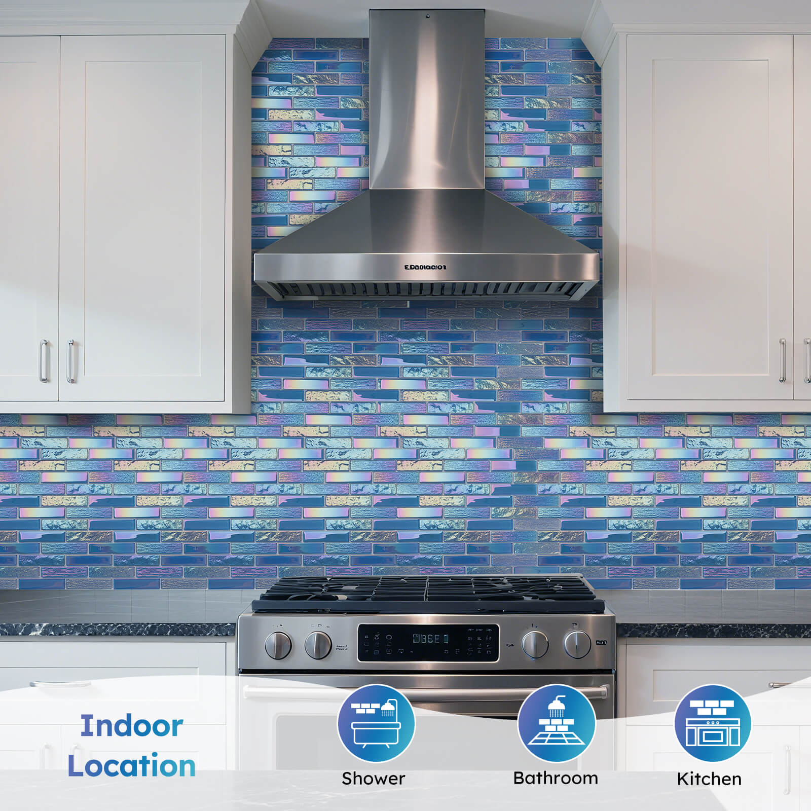 Diflart Glass Mosaic Tiles, Iridescent Blue, 1x4 Inch Brick, Glass Linear Tile for Swimming Pool, Kitchen Backsplash, Shower Bathroom Waterline Fountain Wall, Pack of 5 Sheets